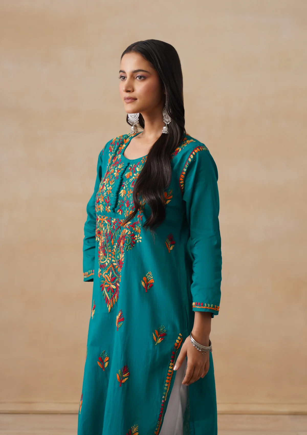 HOC Cotton Chikankari Solid Women's Long Kurta - Teal - Image 7