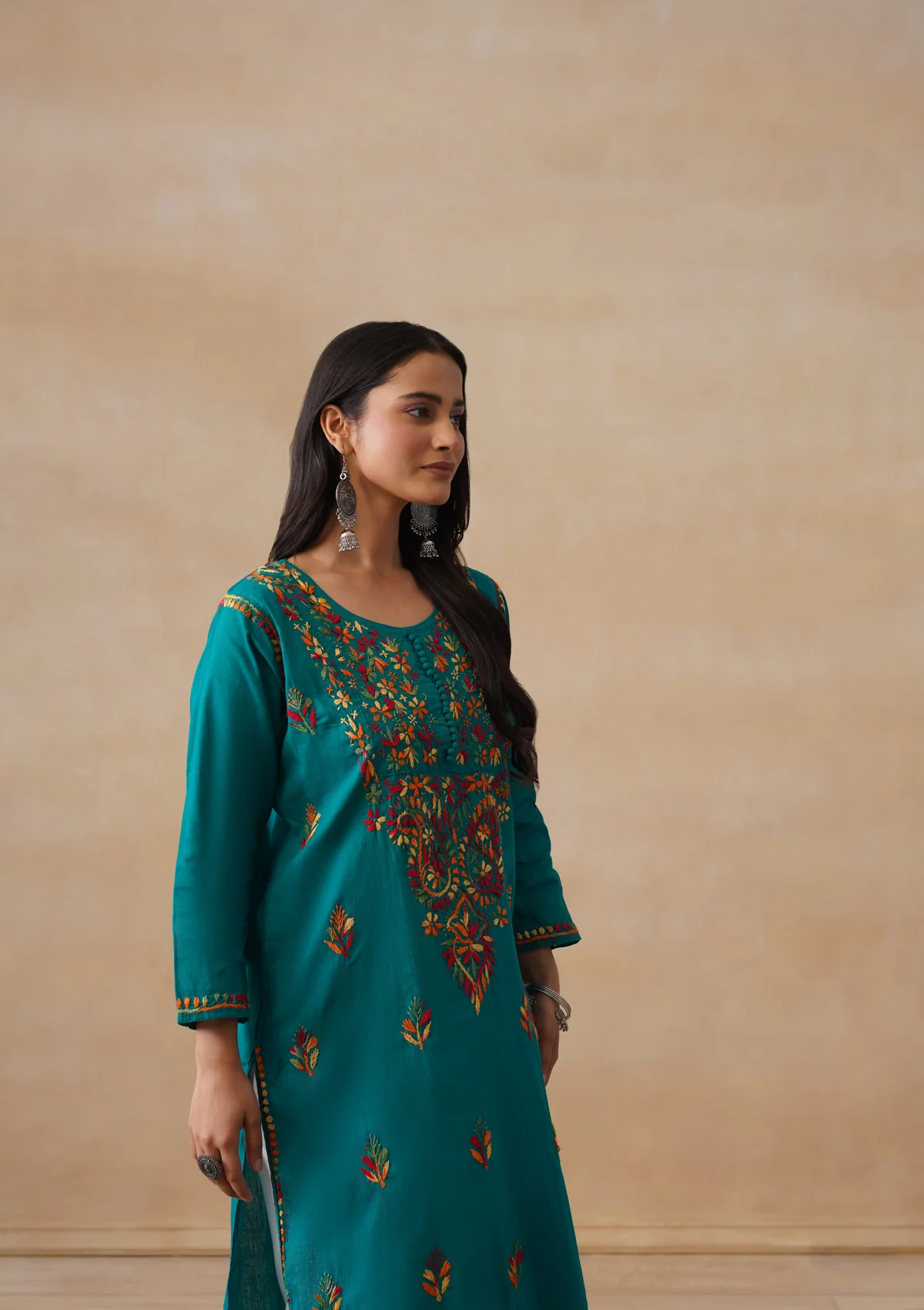 HOC Cotton Chikankari Solid Women's Long Kurta - Teal - Image 8