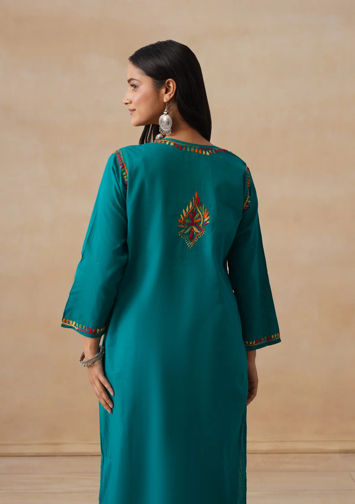 HOC Cotton Chikankari Solid Women's Long Kurta - Teal - Image 9