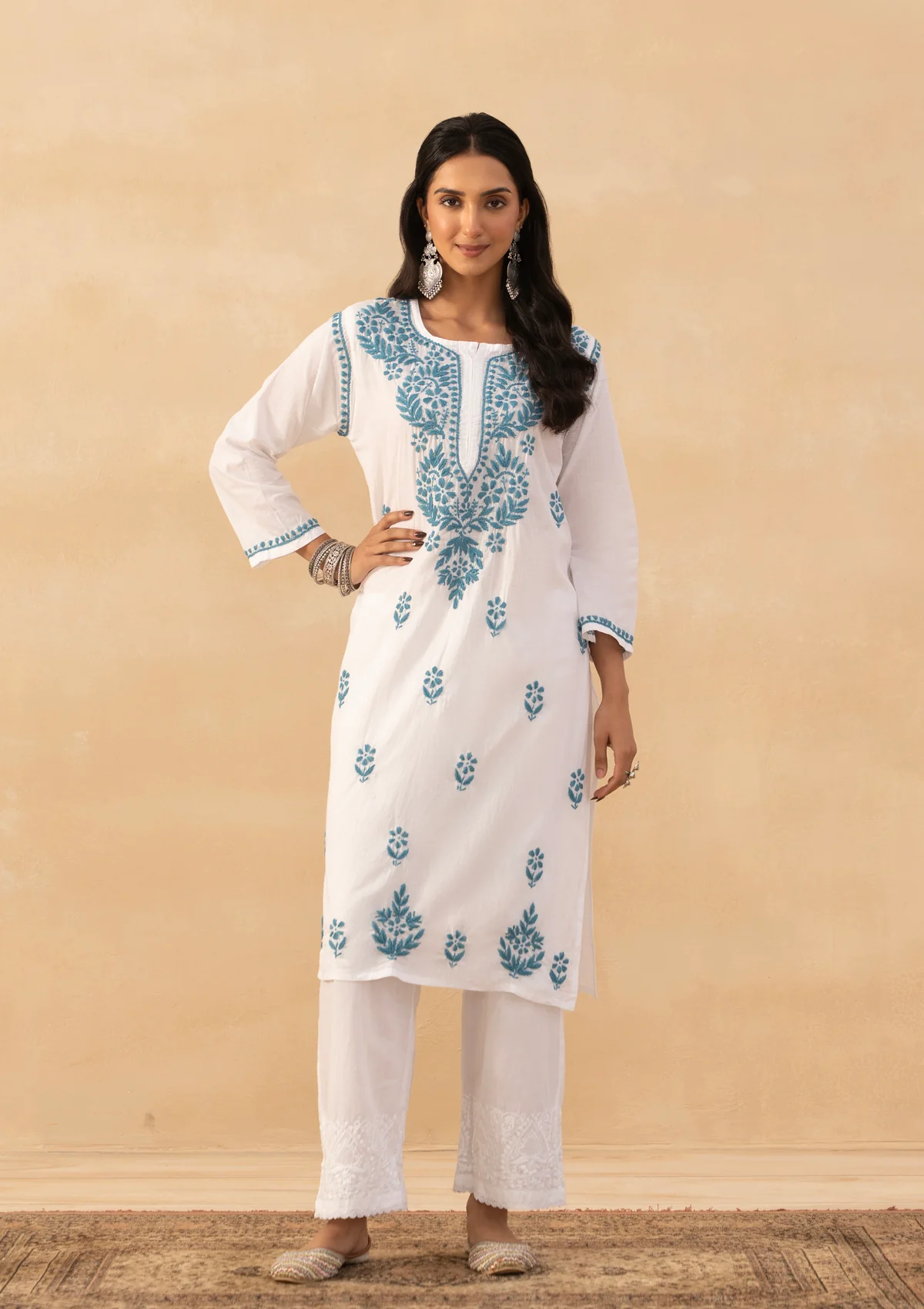 HOC Cotton Chikankari Solid Women's Long Kurta -White