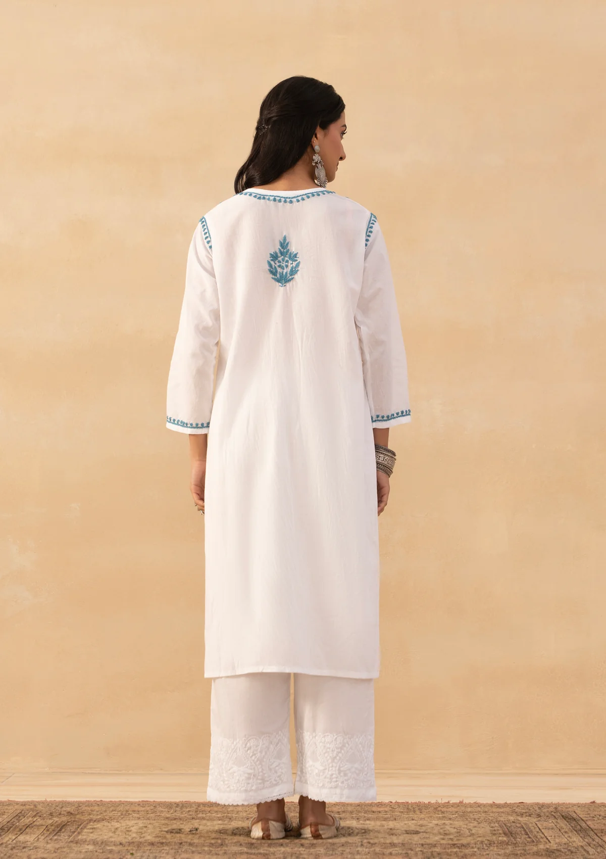 HOC Cotton Chikankari Solid Women's Long Kurta -White - Image 10