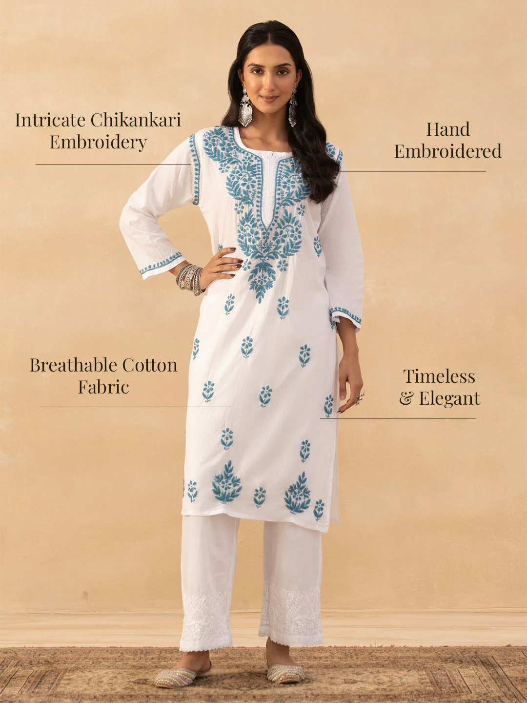 HOC Cotton Chikankari Solid Women's Long Kurta -White - Image 11