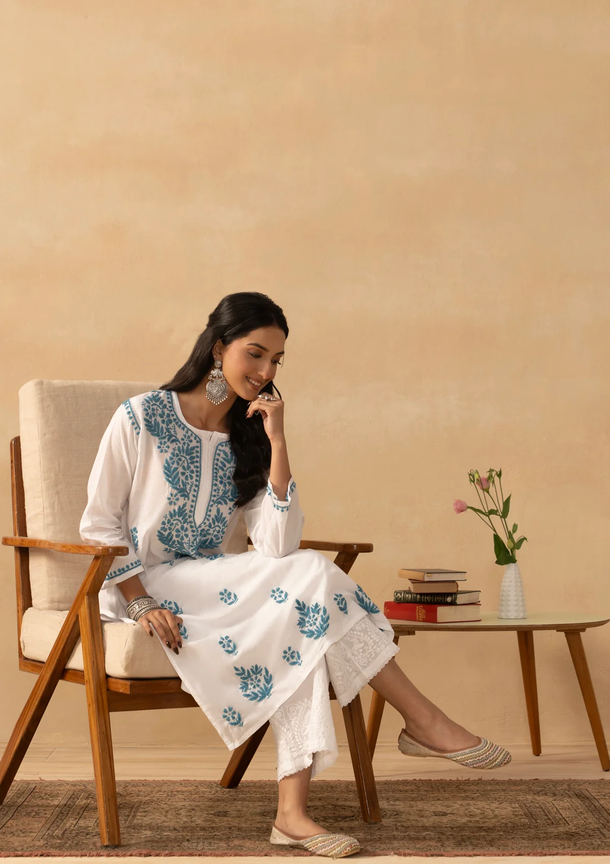 HOC Cotton Chikankari Solid Women's Long Kurta -White - Image 2