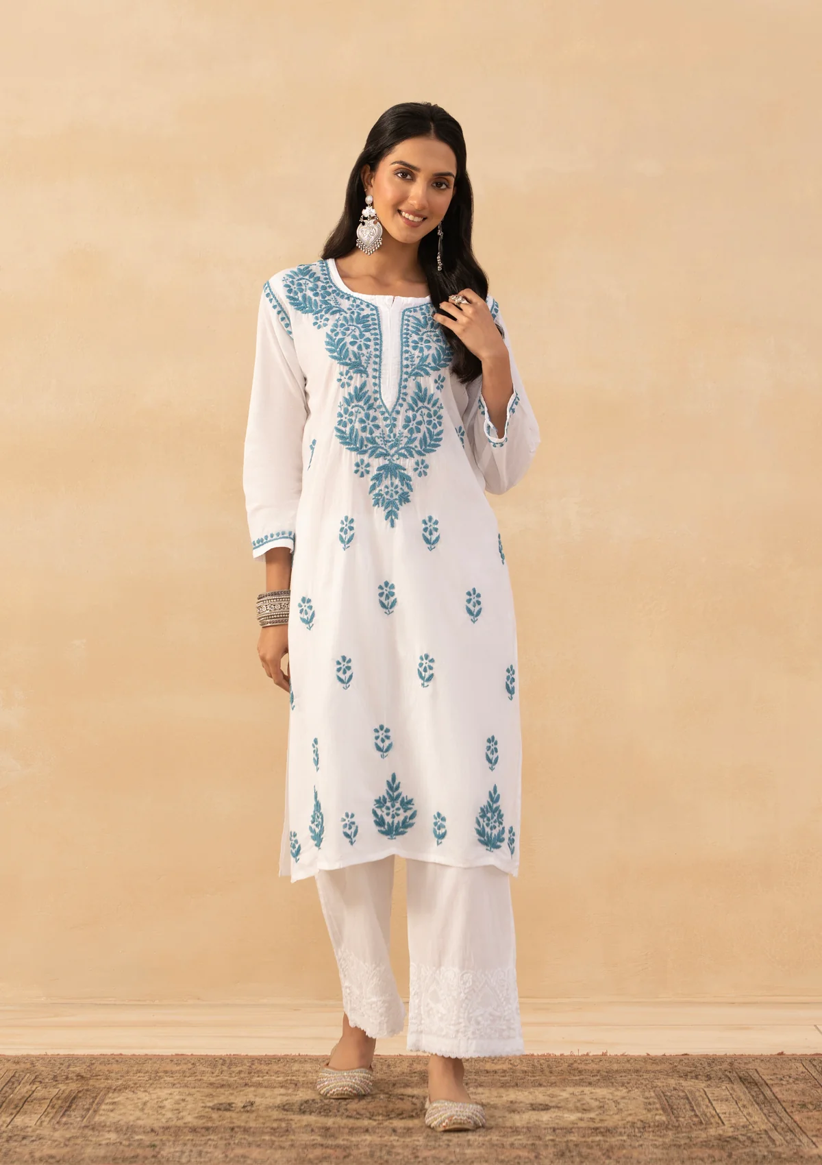 HOC Cotton Chikankari Solid Women's Long Kurta -White - Image 4