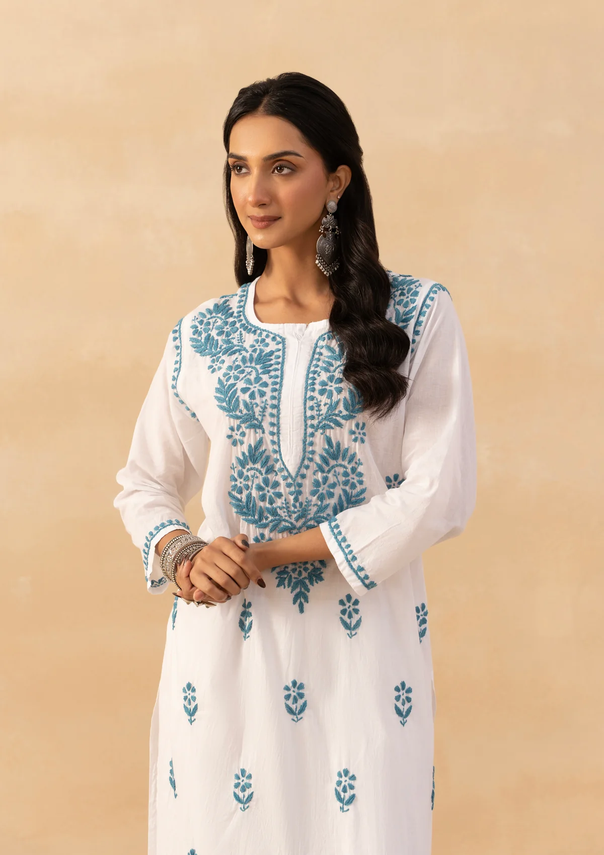 HOC Cotton Chikankari Solid Women's Long Kurta -White - Image 5