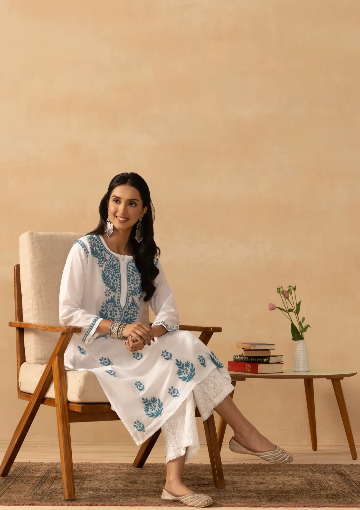 HOC Cotton Chikankari Solid Women's Long Kurta -White - Image 6