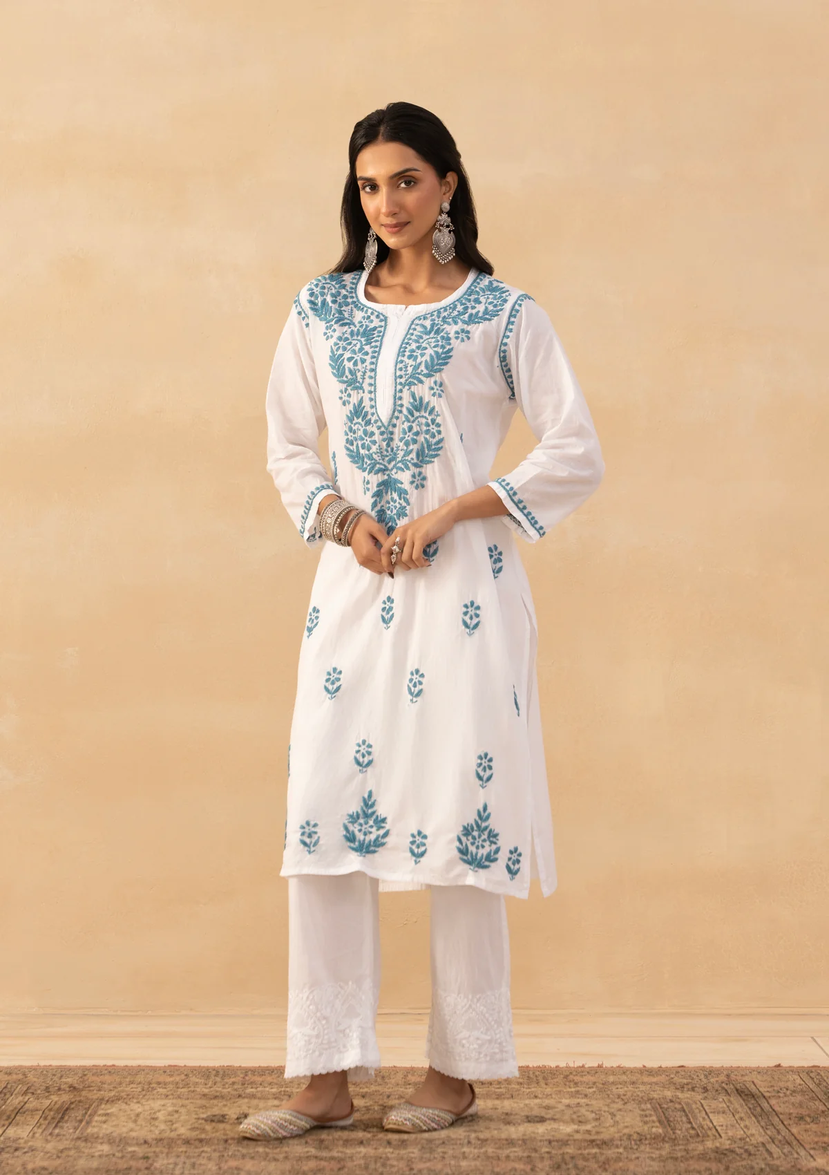 HOC Cotton Chikankari Solid Women's Long Kurta -White - Image 9