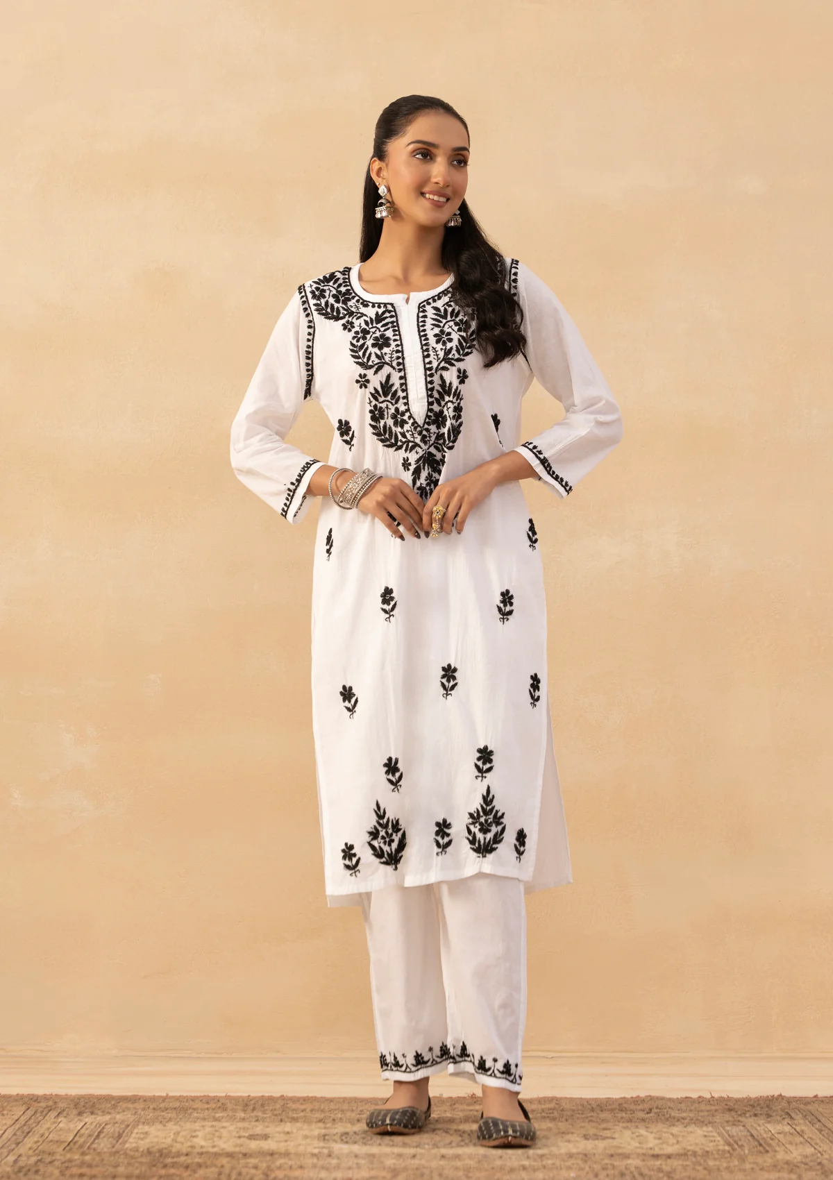 HOC Cotton Chikankari Solid Women's Long Kurta - White