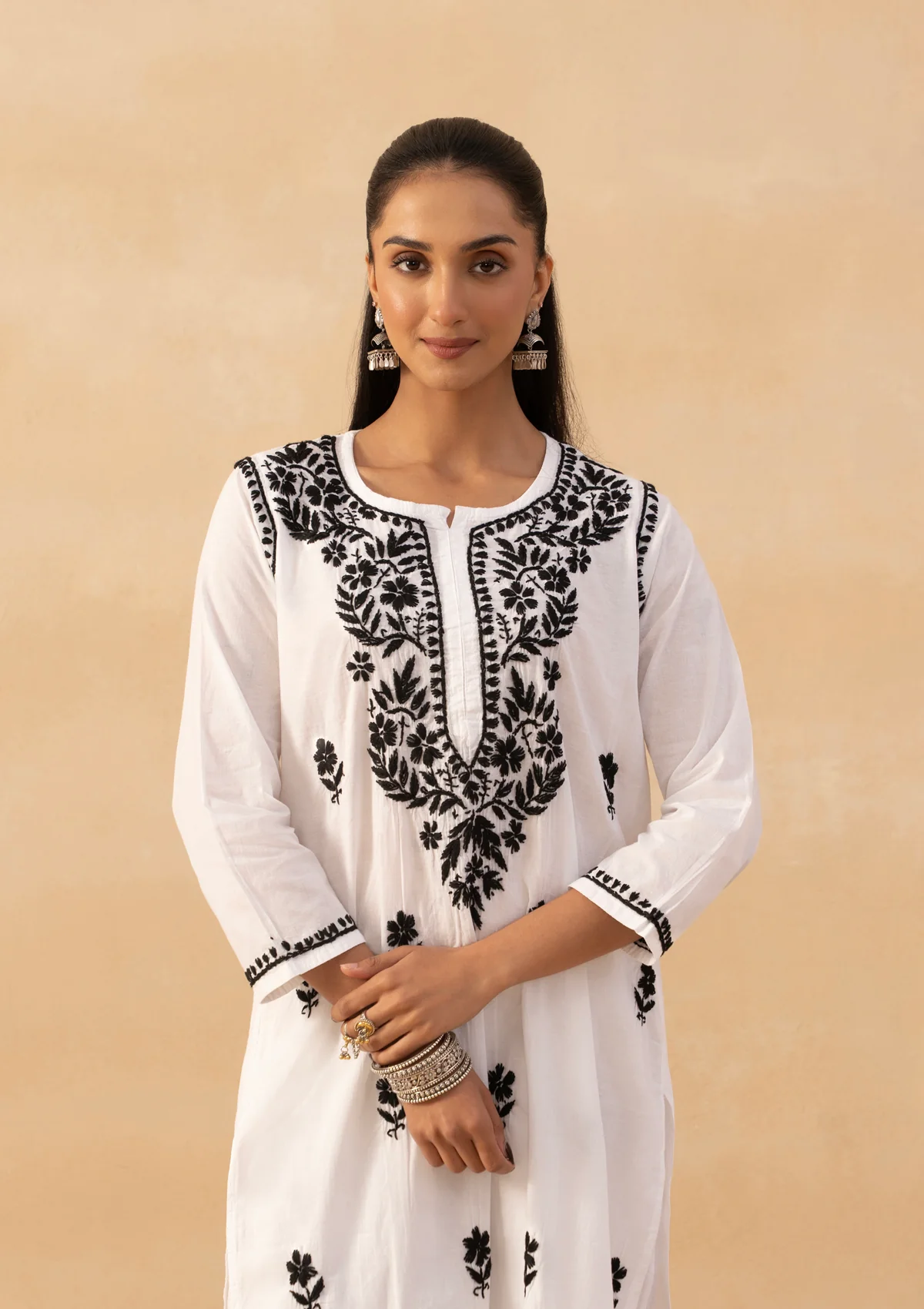 HOC Cotton Chikankari Solid Women's Long Kurta - White - Image 2