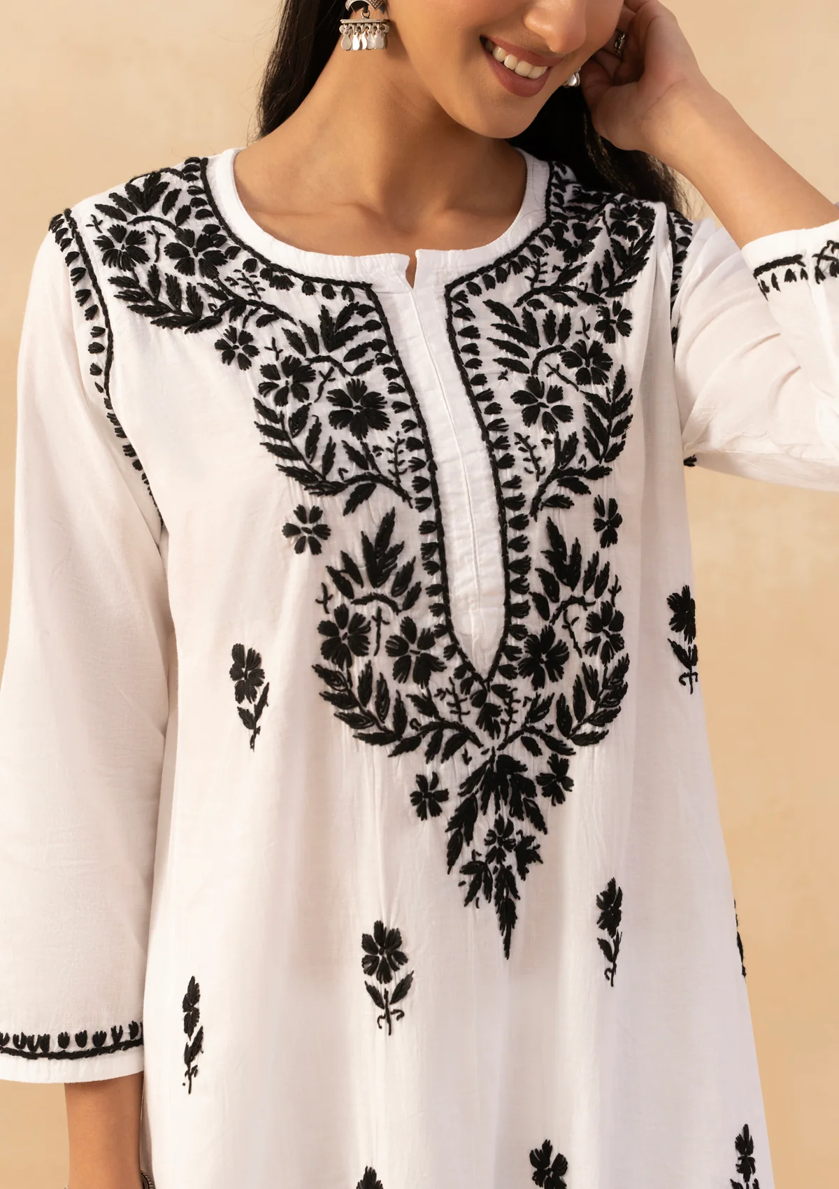 HOC Cotton Chikankari Solid Women's Long Kurta - White - Image 5