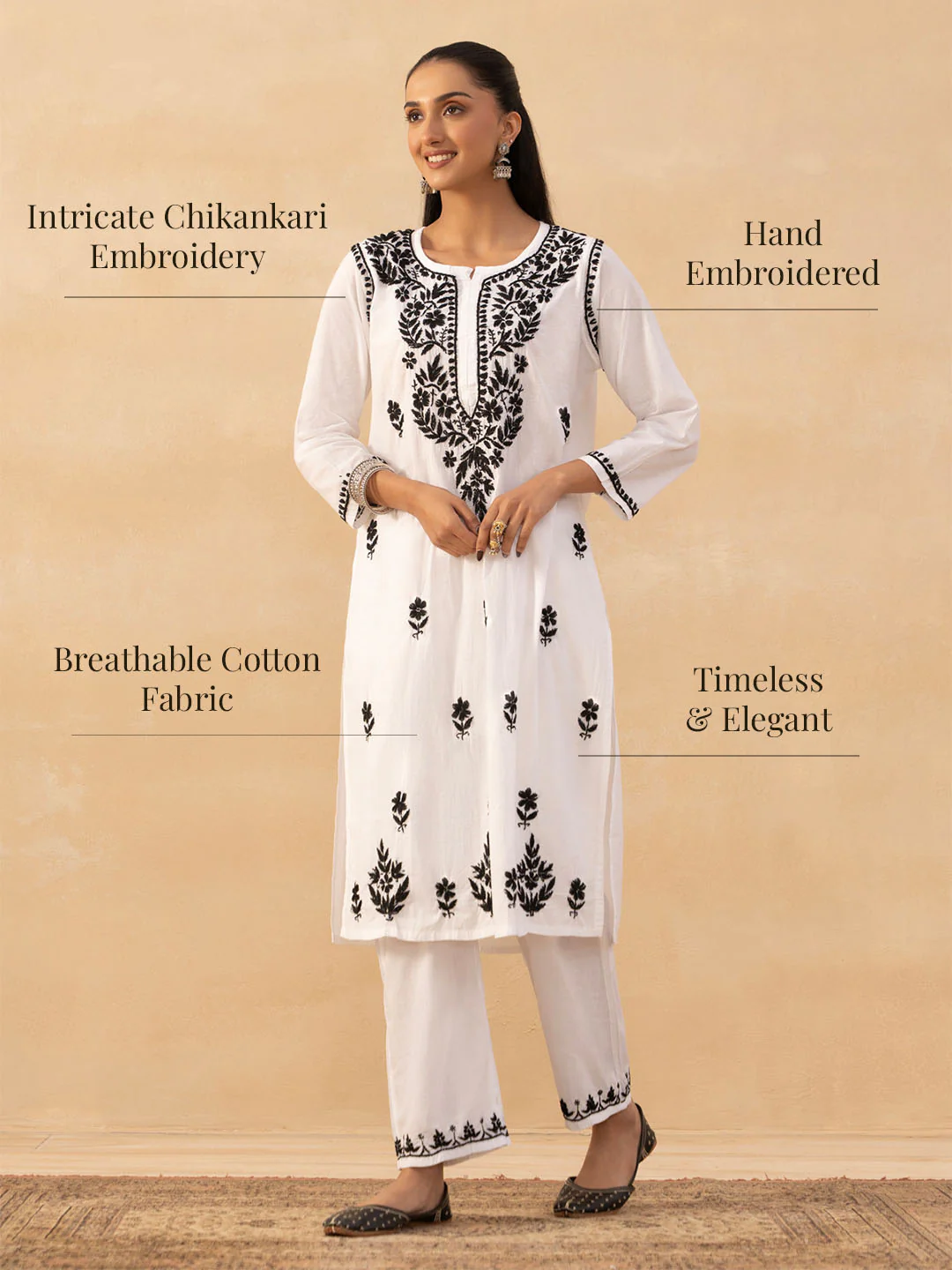 HOC Cotton Chikankari Solid Women's Long Kurta - White - Image 7