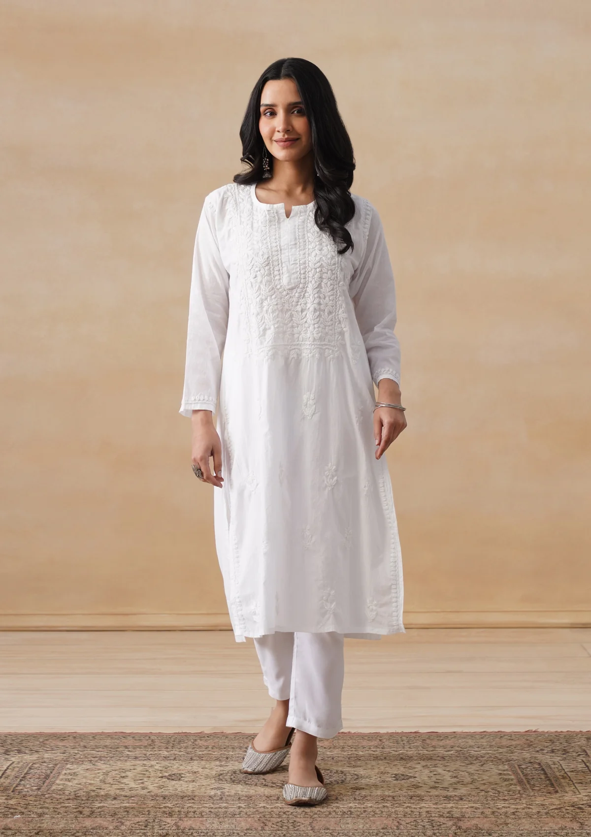 HOC Cotton Chikankari Solid Women's Long Kurta - White