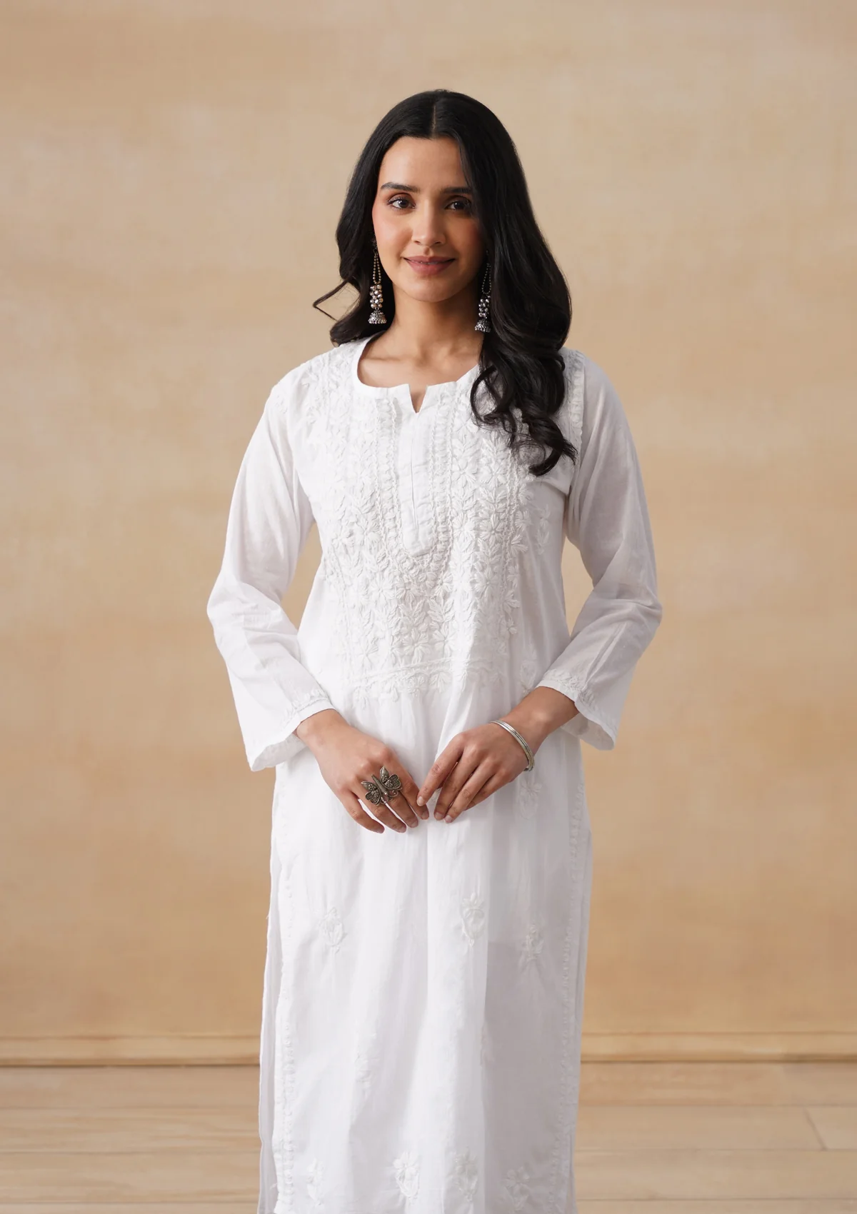 HOC Cotton Chikankari Solid Women's Long Kurta - White - Image 2