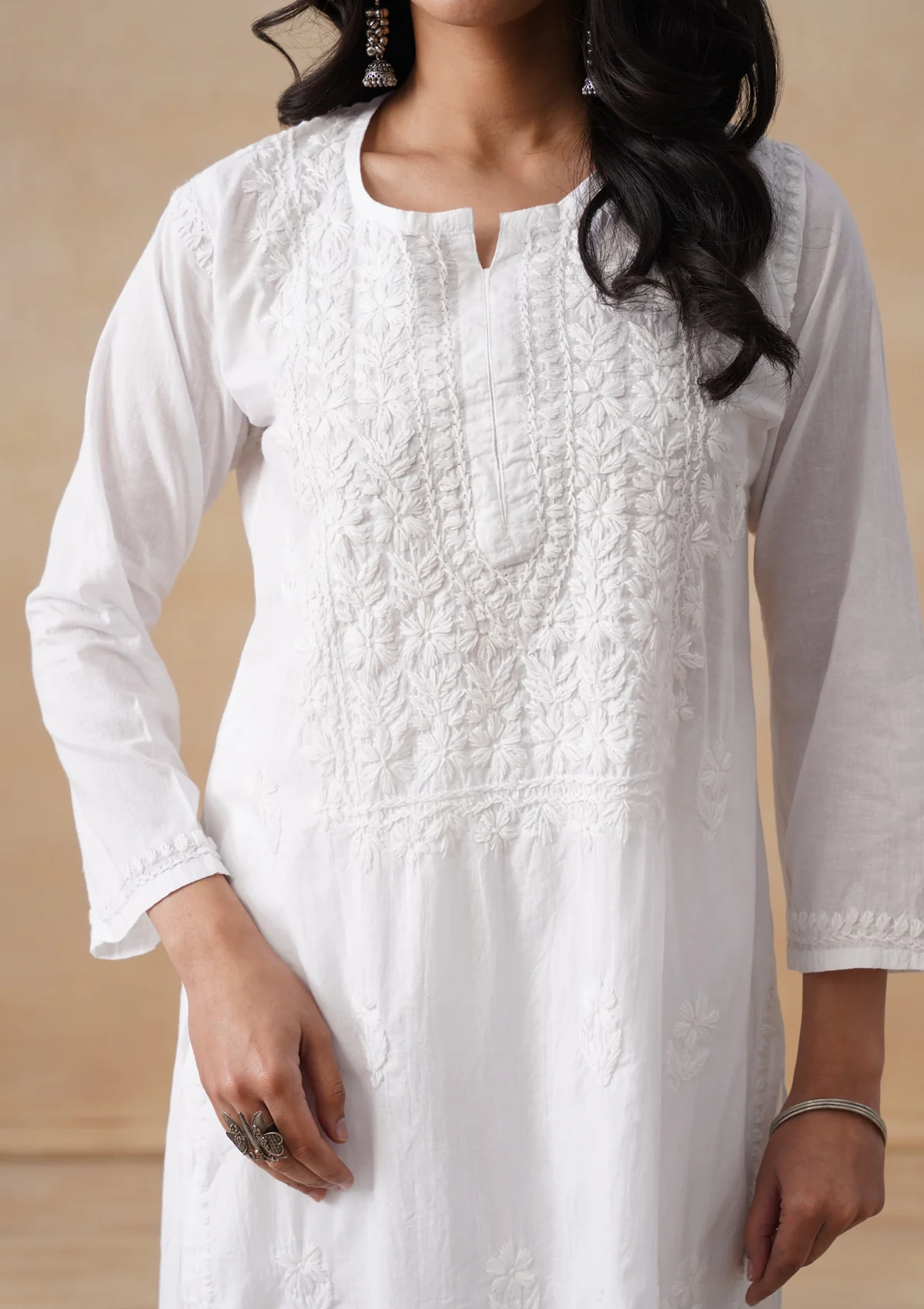 HOC Cotton Chikankari Solid Women's Long Kurta - White - Image 4
