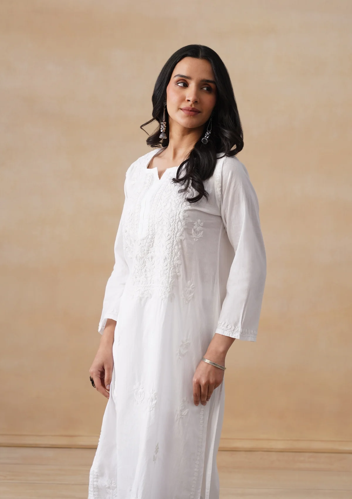 HOC Cotton Chikankari Solid Women's Long Kurta - White - Image 6
