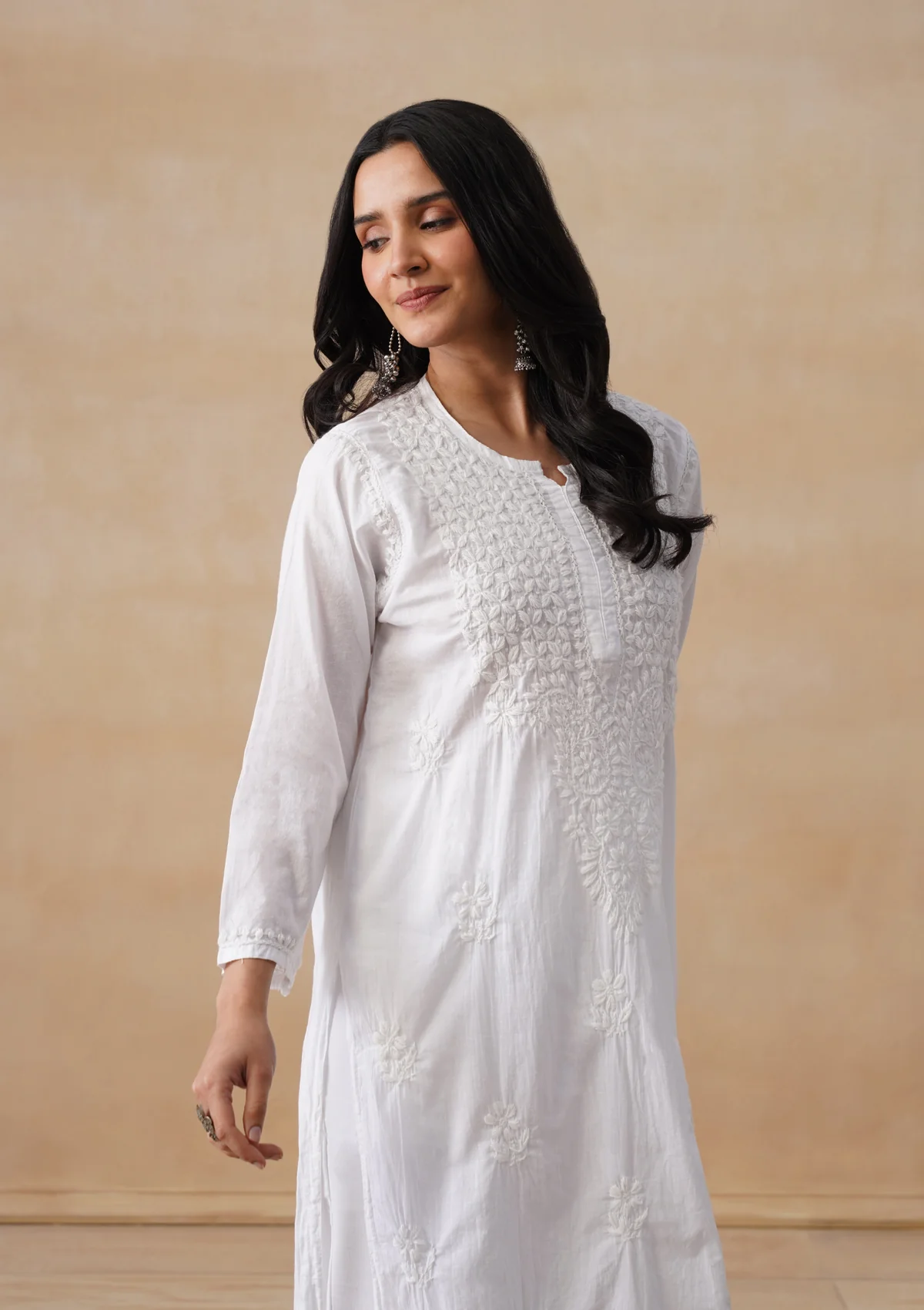 HOC Cotton Chikankari Solid Women's Long Kurta - White - Image 10