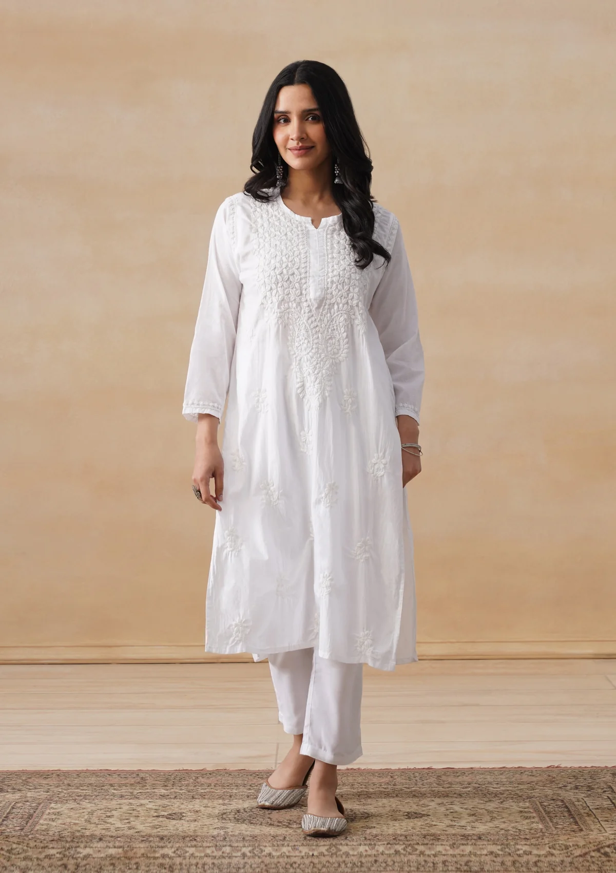 HOC Cotton Chikankari Solid Women's Long Kurta - White - Image 11