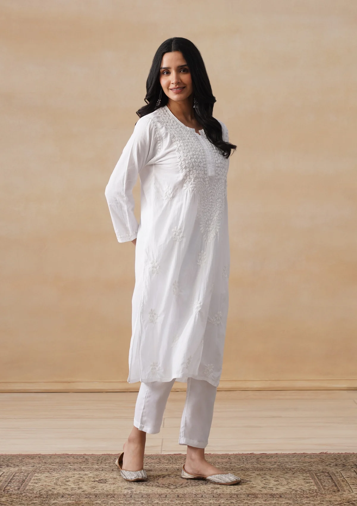 HOC Cotton Chikankari Solid Women's Long Kurta - White - Image 4