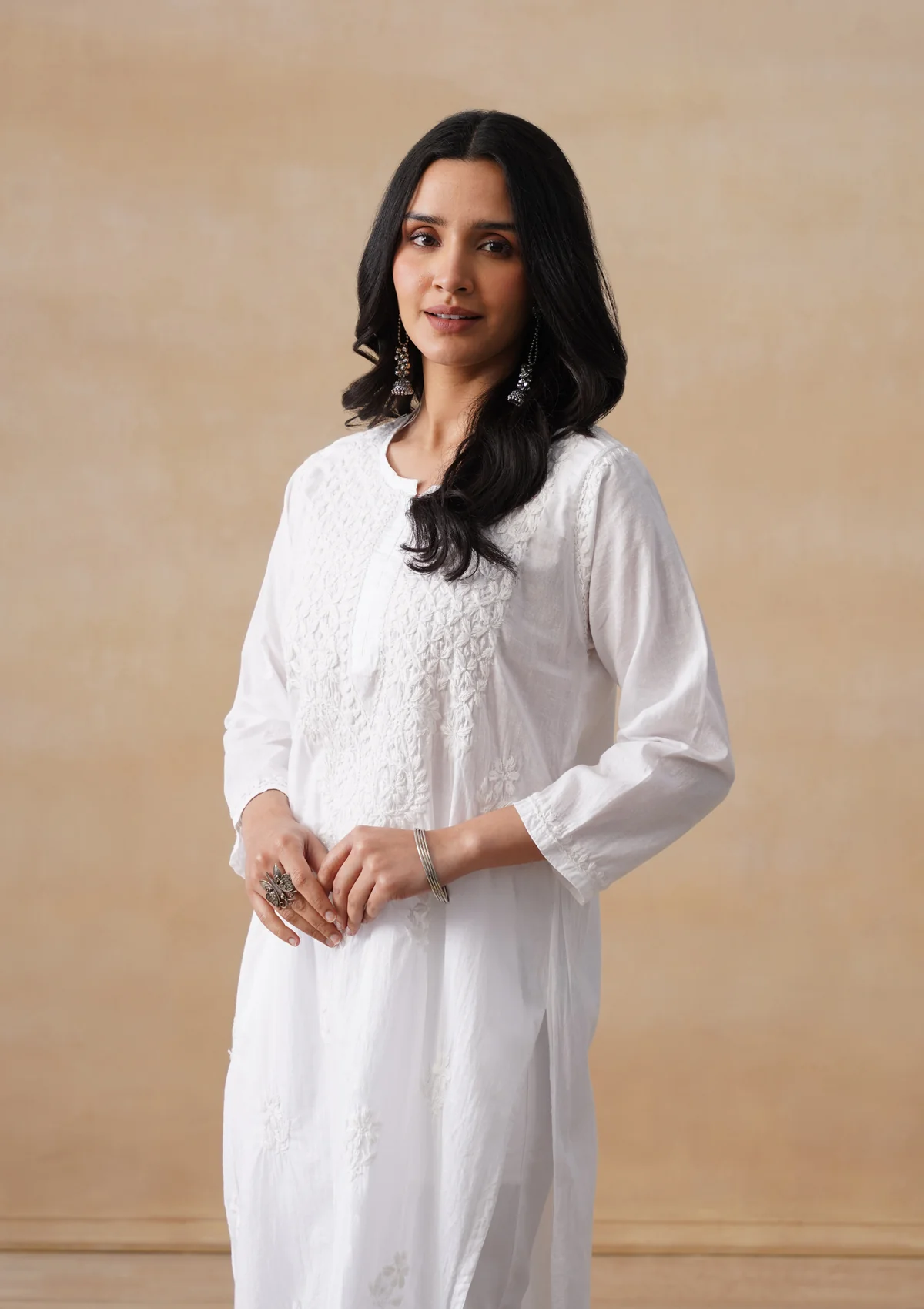 HOC Cotton Chikankari Solid Women's Long Kurta - White - Image 8