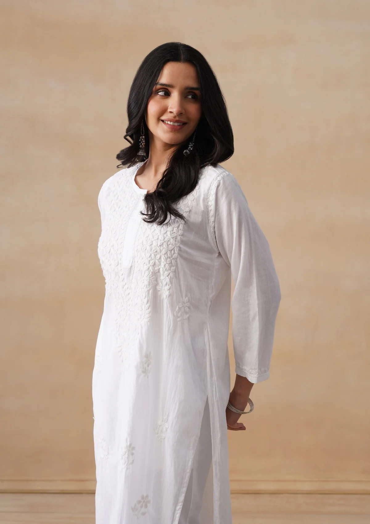 HOC Cotton Chikankari Solid Women's Long Kurta - White - Image 9