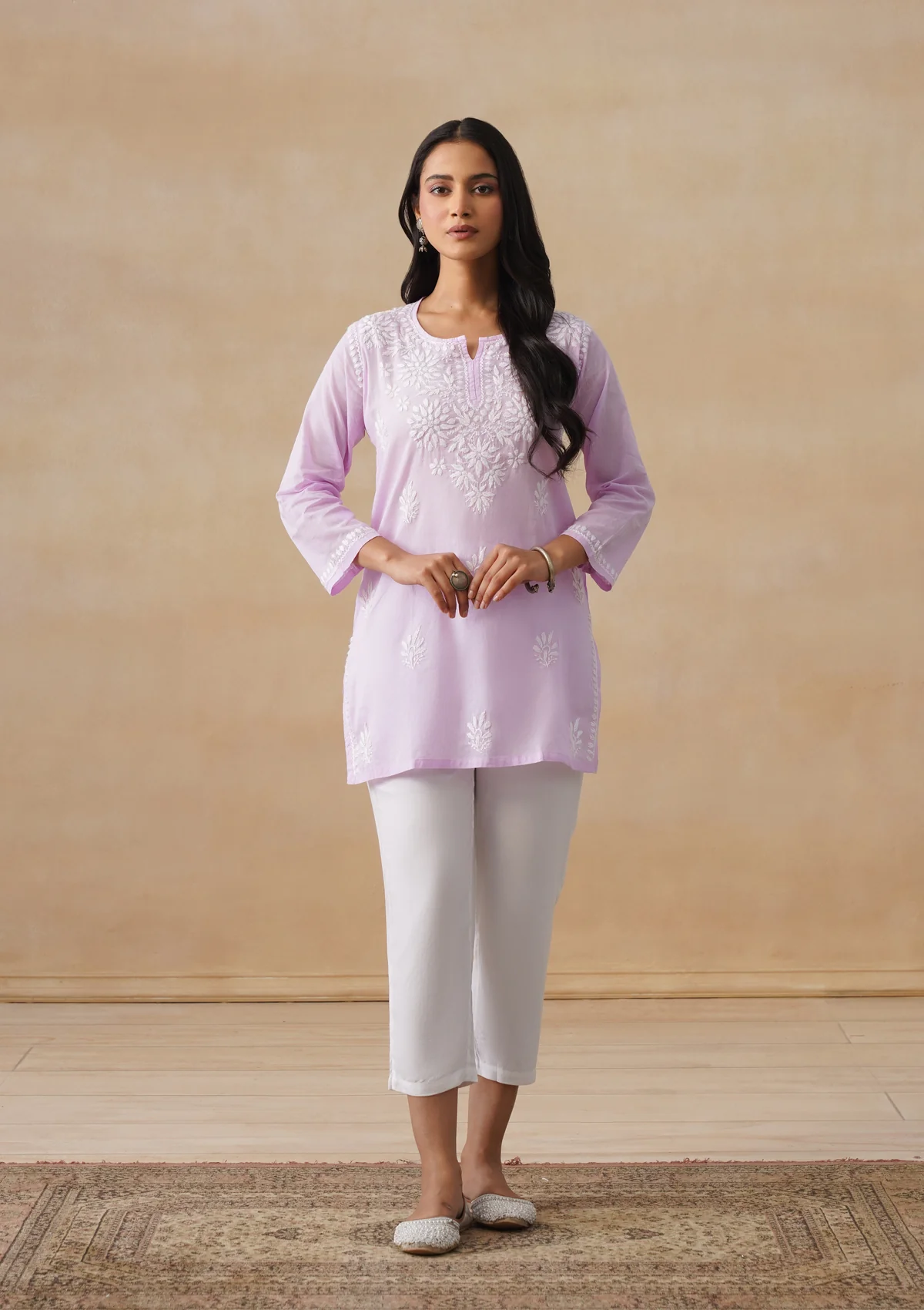 HOC Cotton Chikankari Solid Women's Short Kurta - Lavender - Image 3