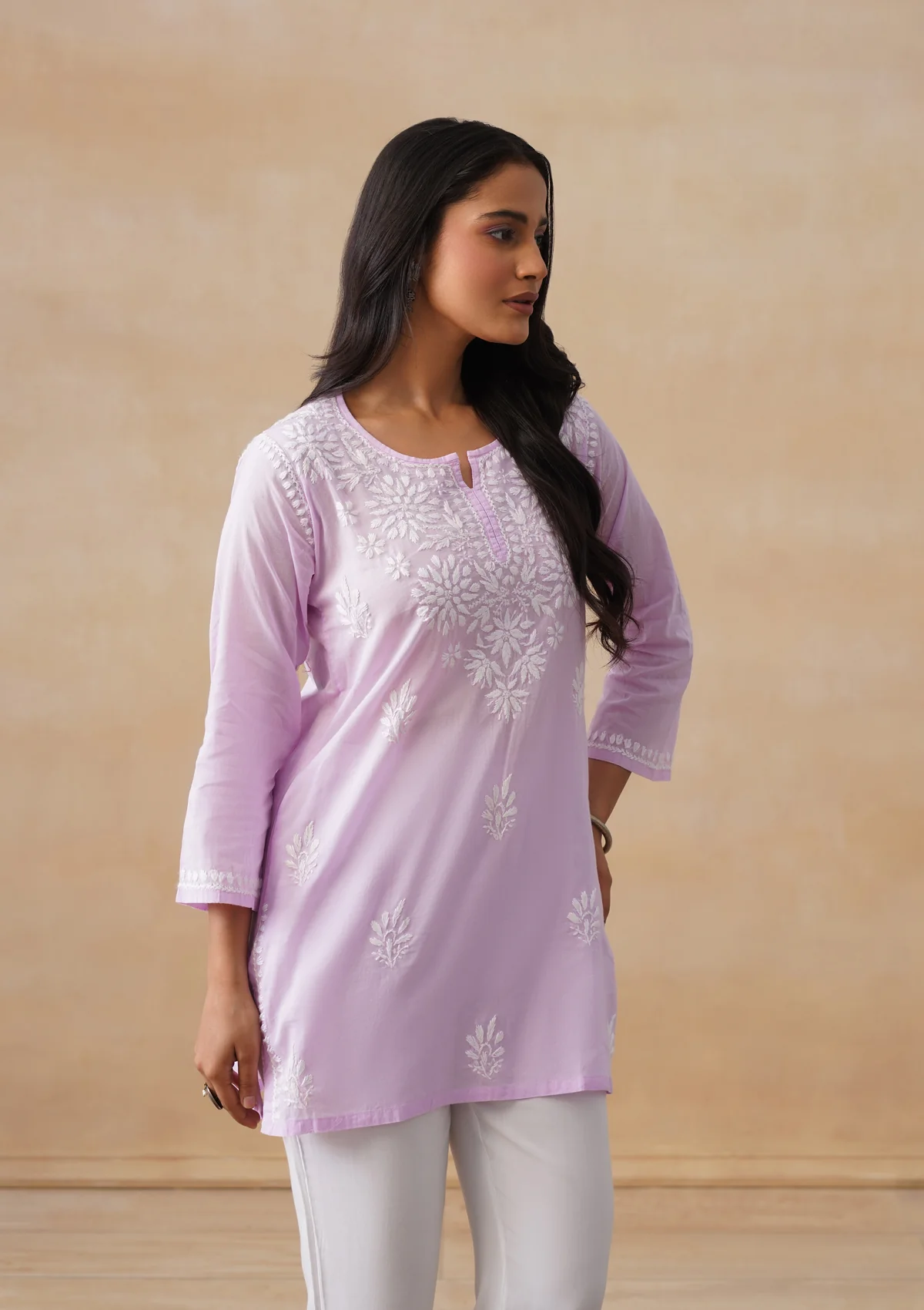 HOC Cotton Chikankari Solid Women's Short Kurta - Lavender - Image 4
