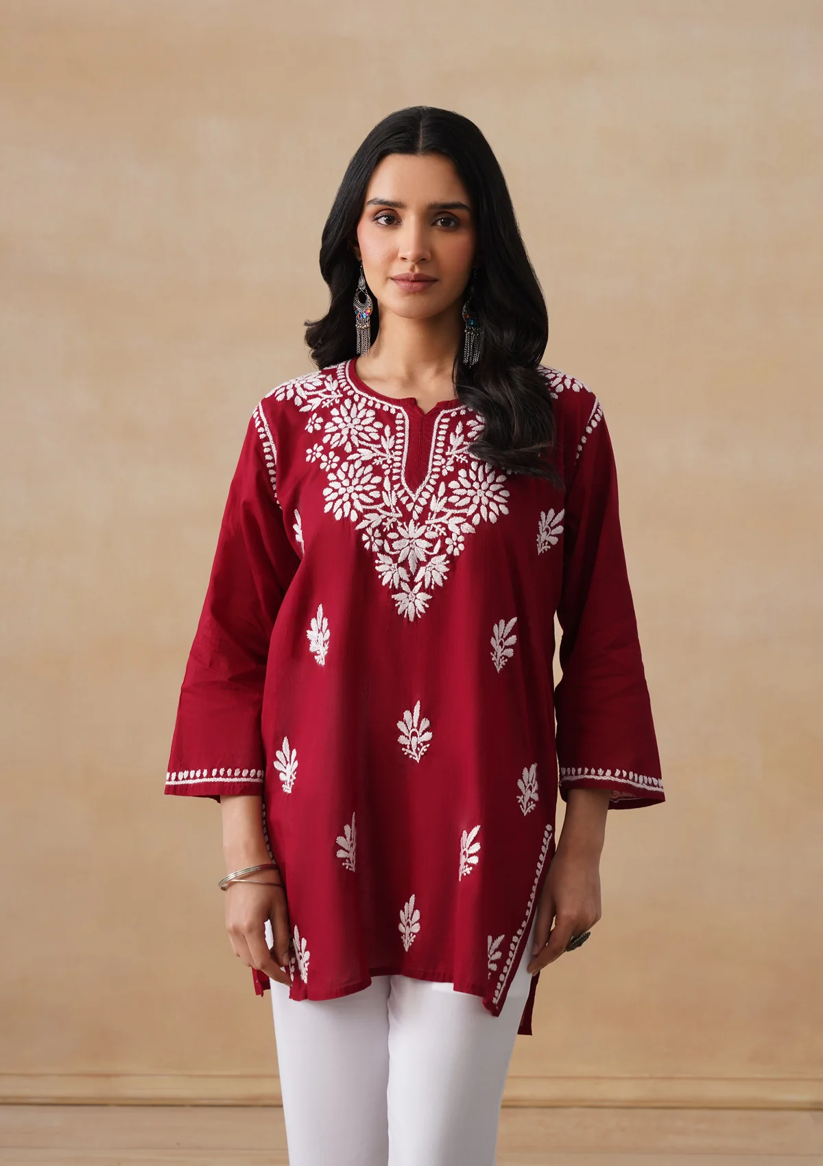 HOC Cotton Chikankari Solid Women's Short Kurta - Maroon