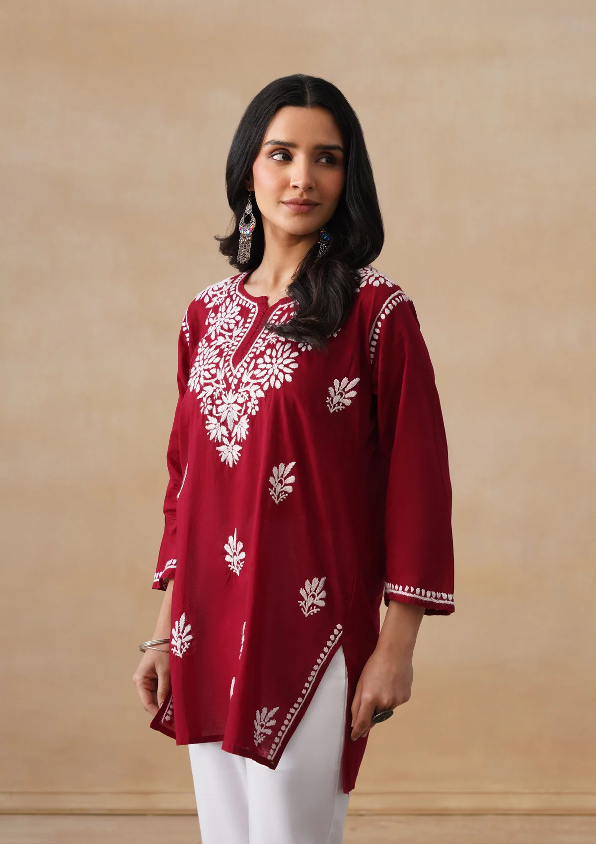 HOC Cotton Chikankari Solid Women's Short Kurta - Maroon - Image 4