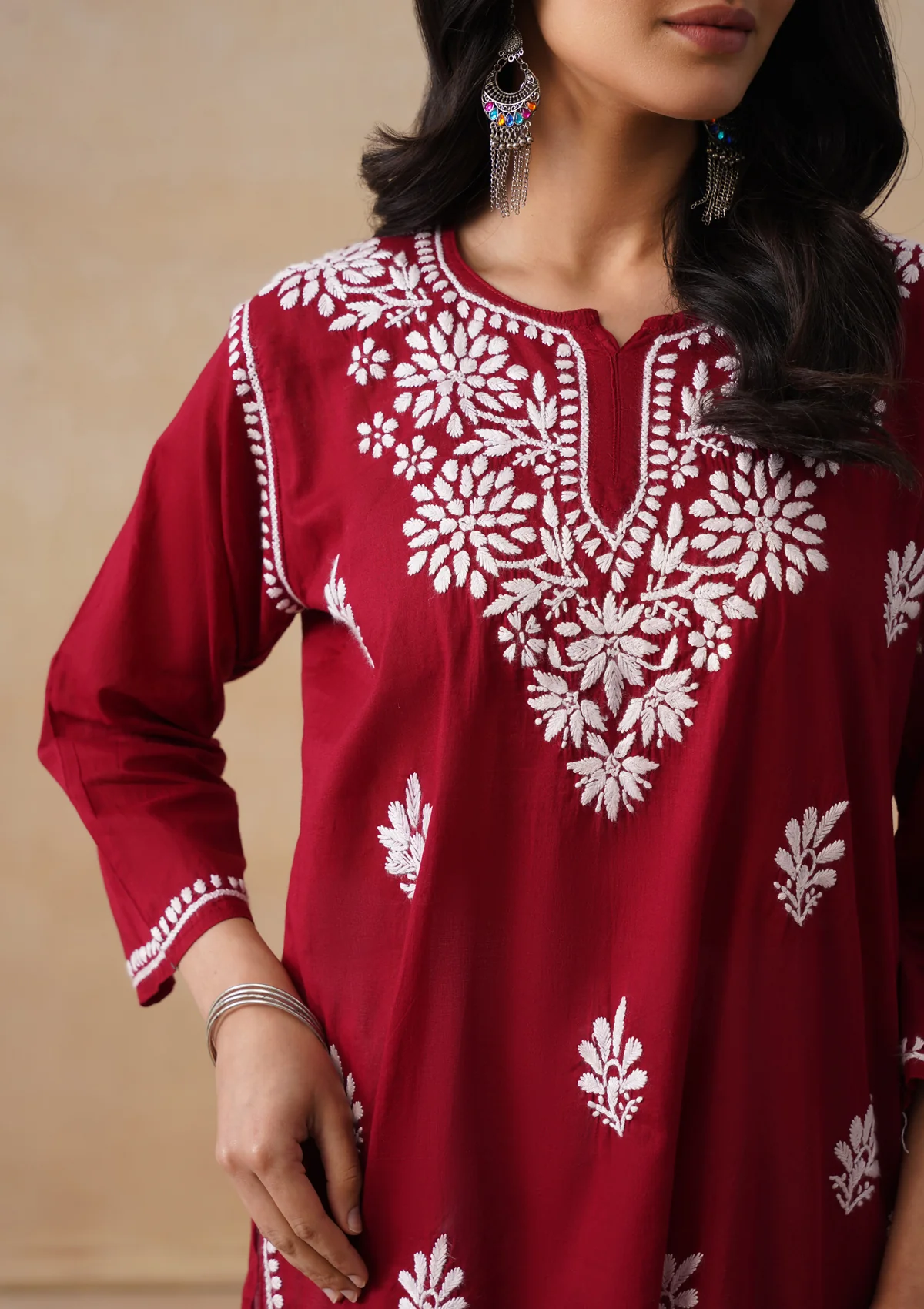 HOC Cotton Chikankari Solid Women's Short Kurta - Maroon - Image 5