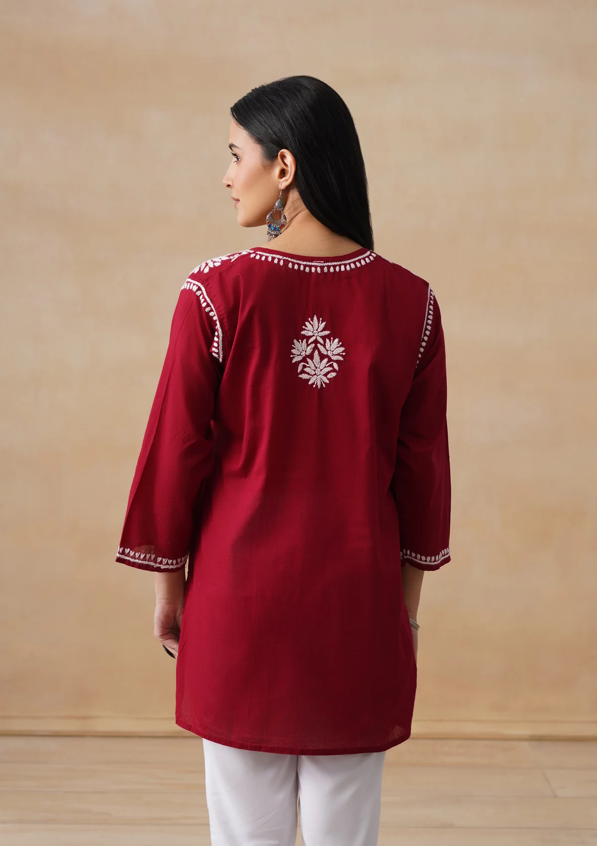 HOC Cotton Chikankari Solid Women's Short Kurta - Maroon - Image 8