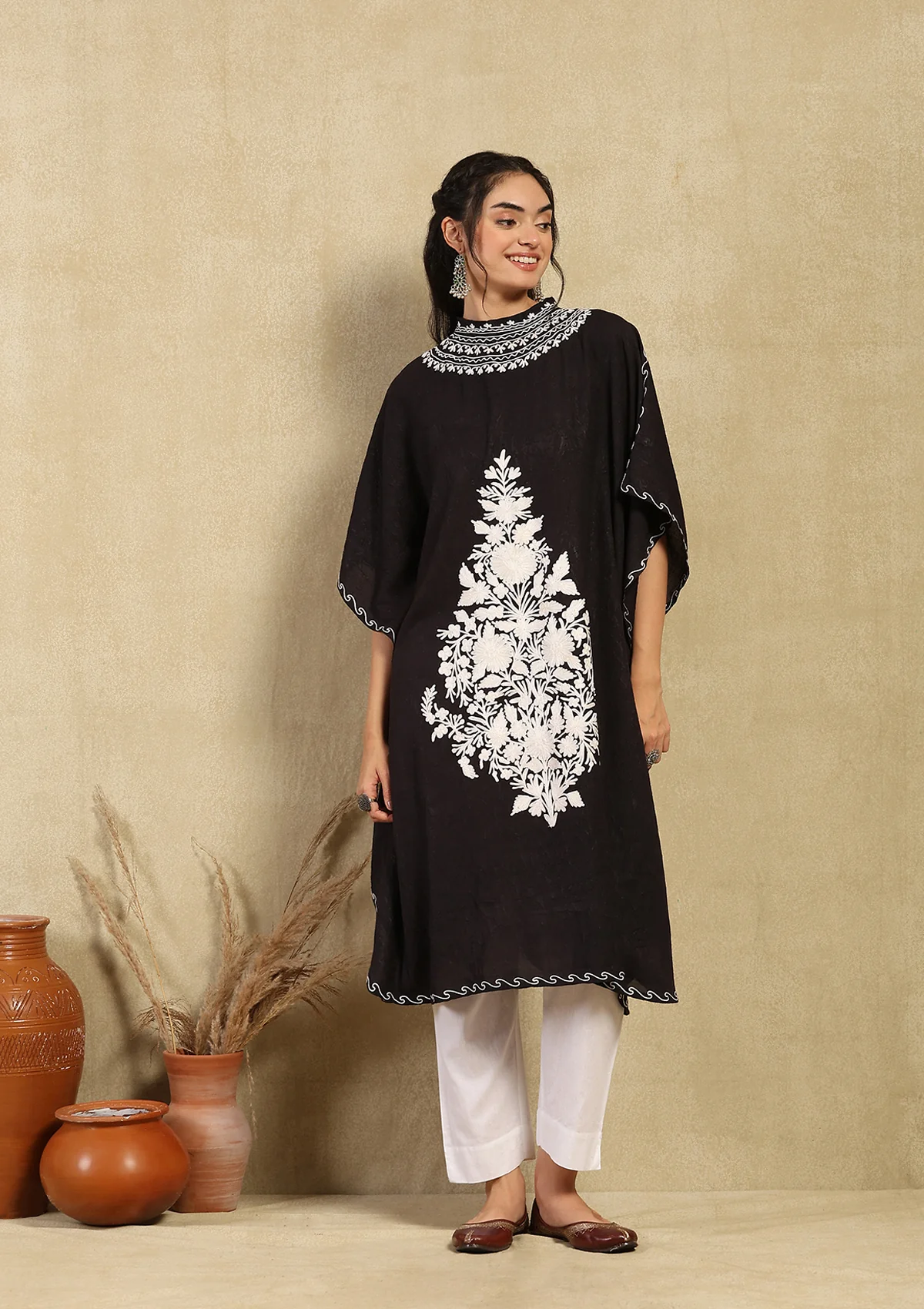 HOC Crafts Aari Embroidered Cotton Crushed Solid Women's Kaftan - Black - Image 3