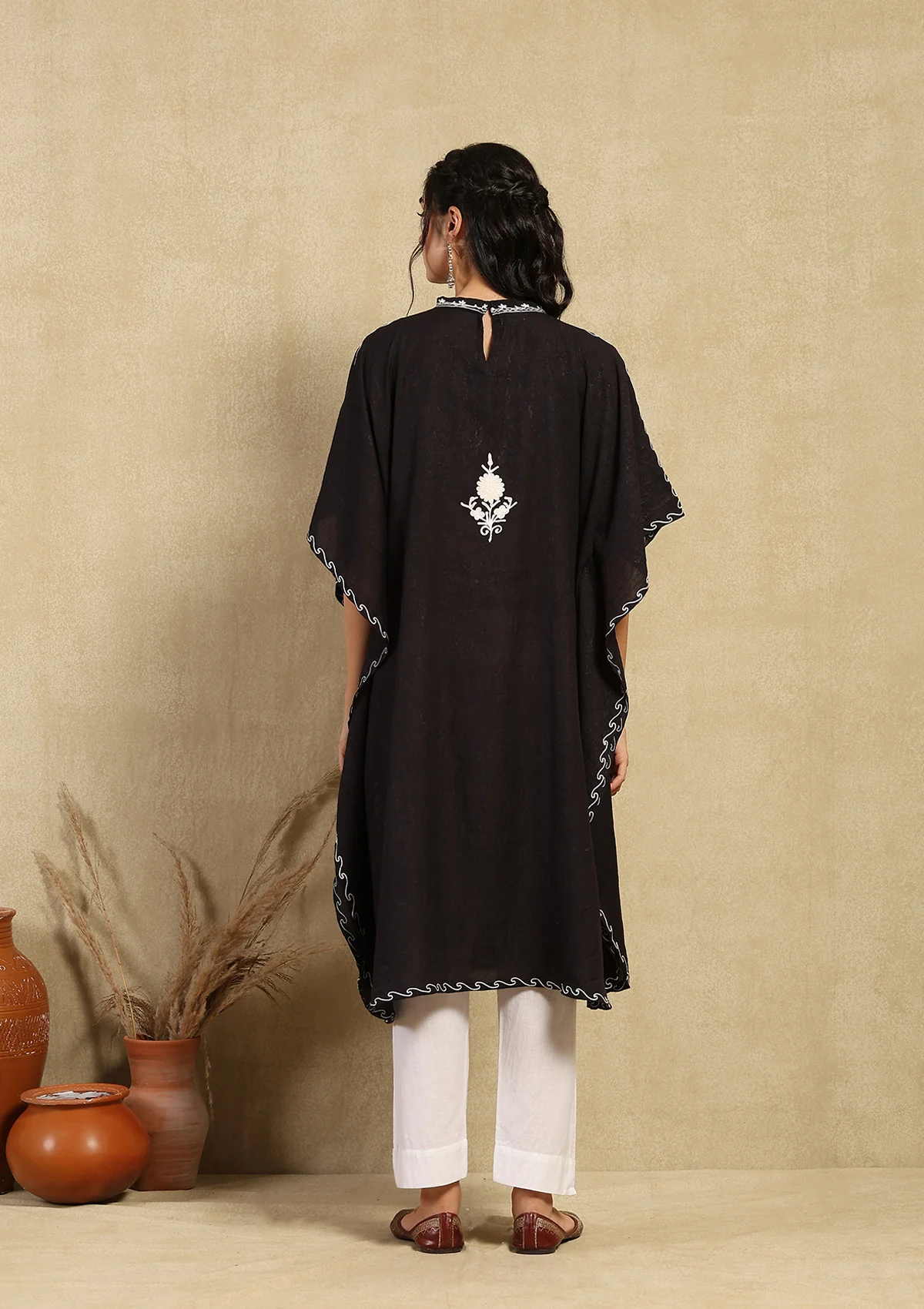 HOC Crafts Aari Embroidered Cotton Crushed Solid Women's Kaftan - Black - Image 5