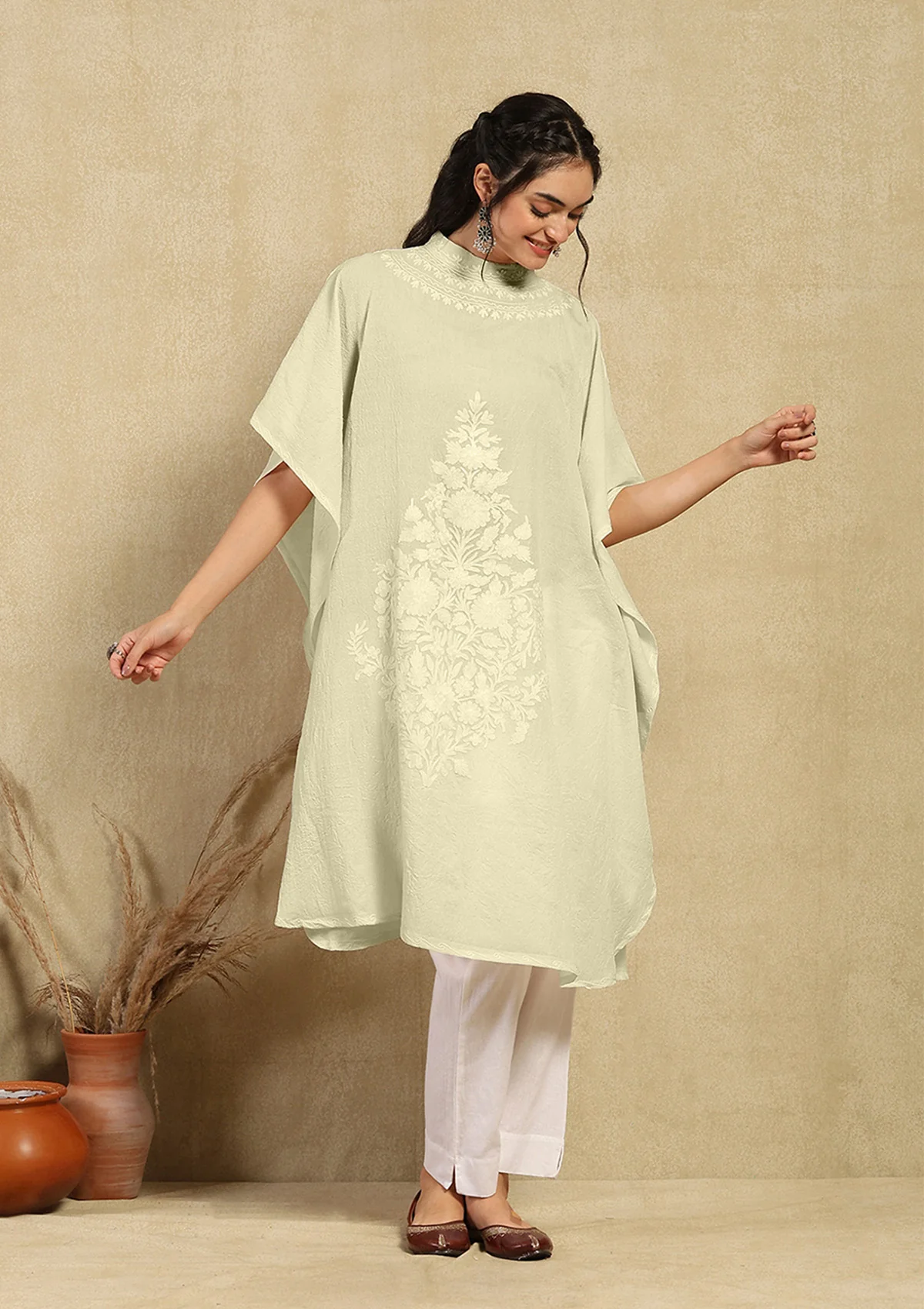 HOC Crafts Aari Embroidered Cotton Crushed Solid Women's Kaftan - Cream - Image 2