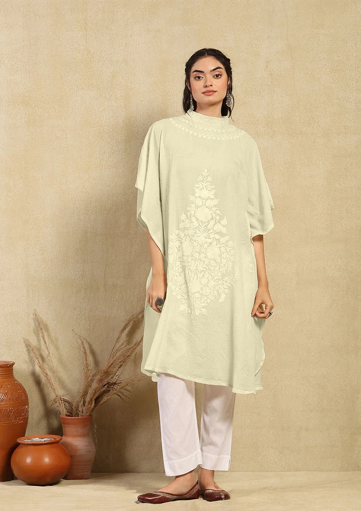 HOC Crafts Aari Embroidered Cotton Crushed Solid Women's Kaftan - Cream - Image 3