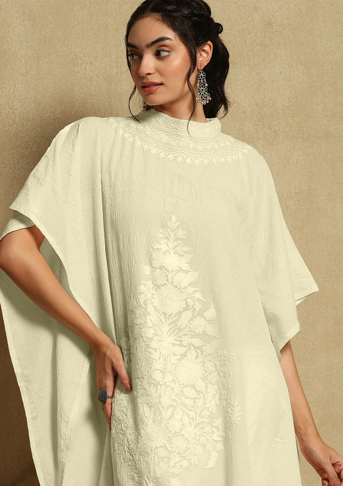 HOC Crafts Aari Embroidered Cotton Crushed Solid Women's Kaftan - Cream - Image 4