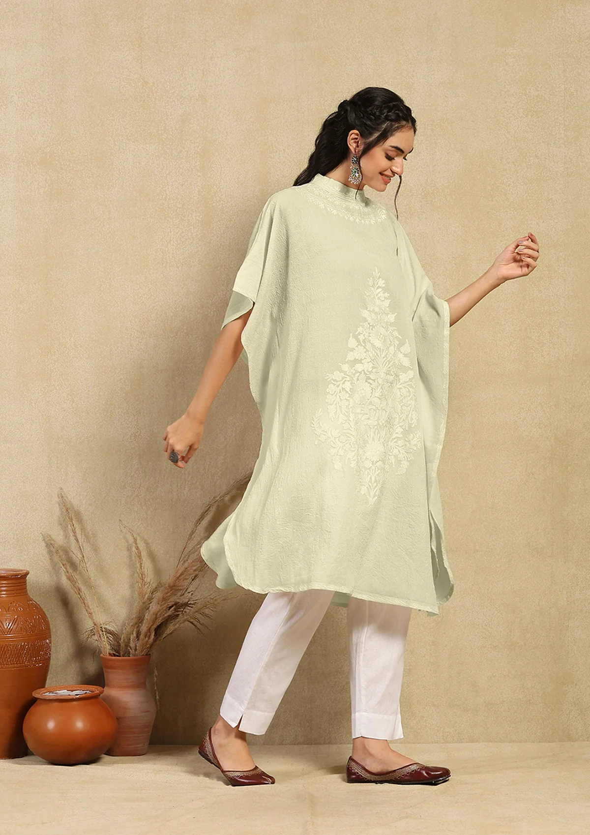 HOC Crafts Aari Embroidered Cotton Crushed Solid Women's Kaftan - Cream - Image 5