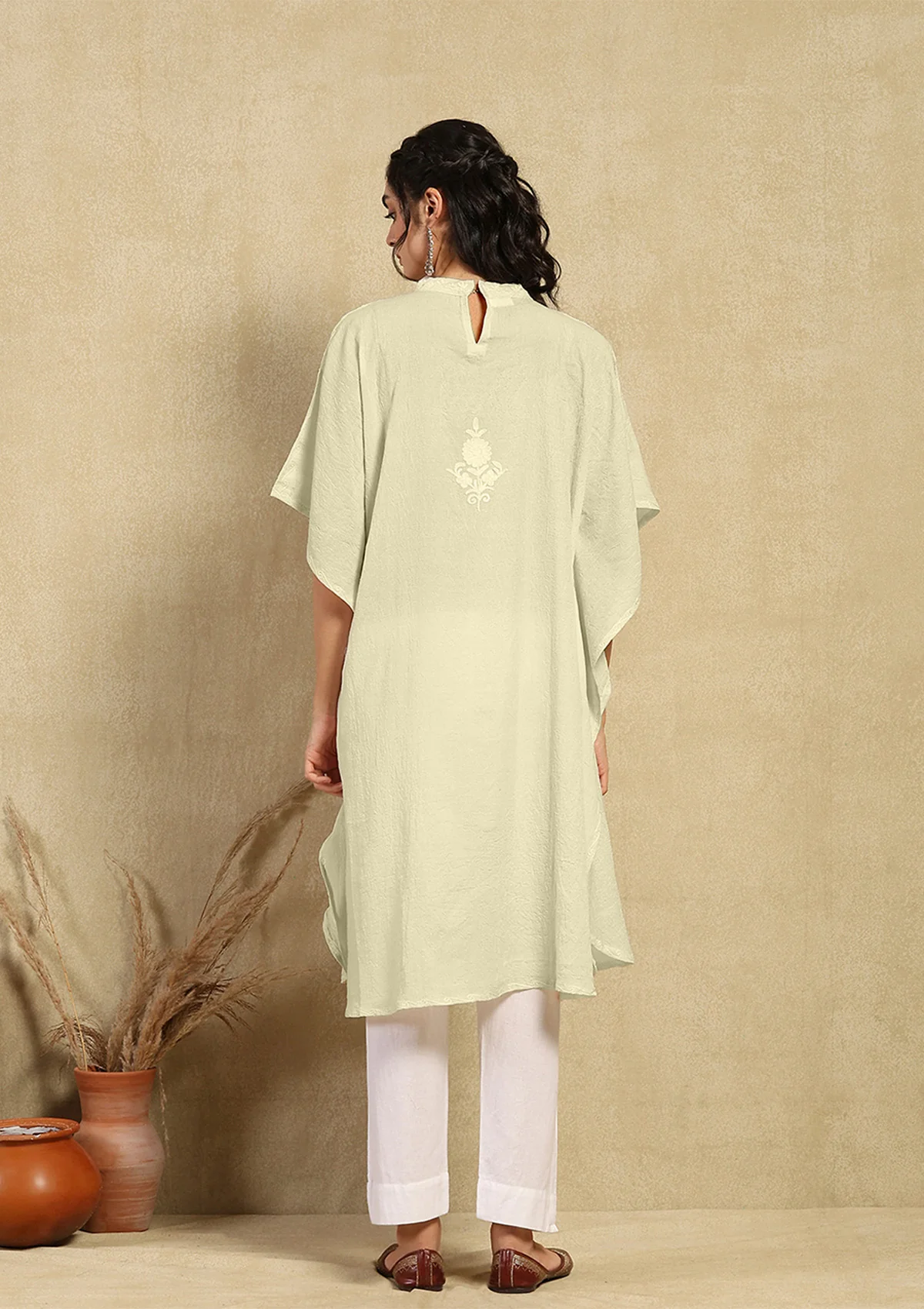 HOC Crafts Aari Embroidered Cotton Crushed Solid Women's Kaftan - Cream - Image 6