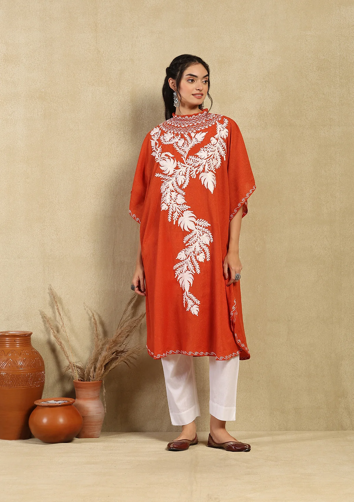 HOC Crafts Aari Embroidered Cotton Crushed Solid Women's Kaftan - Orange - Image 2