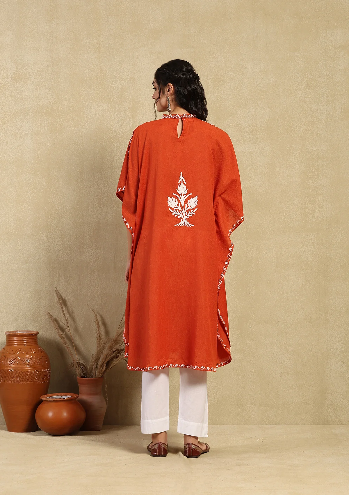 HOC Crafts Aari Embroidered Cotton Crushed Solid Women's Kaftan - Orange - Image 5
