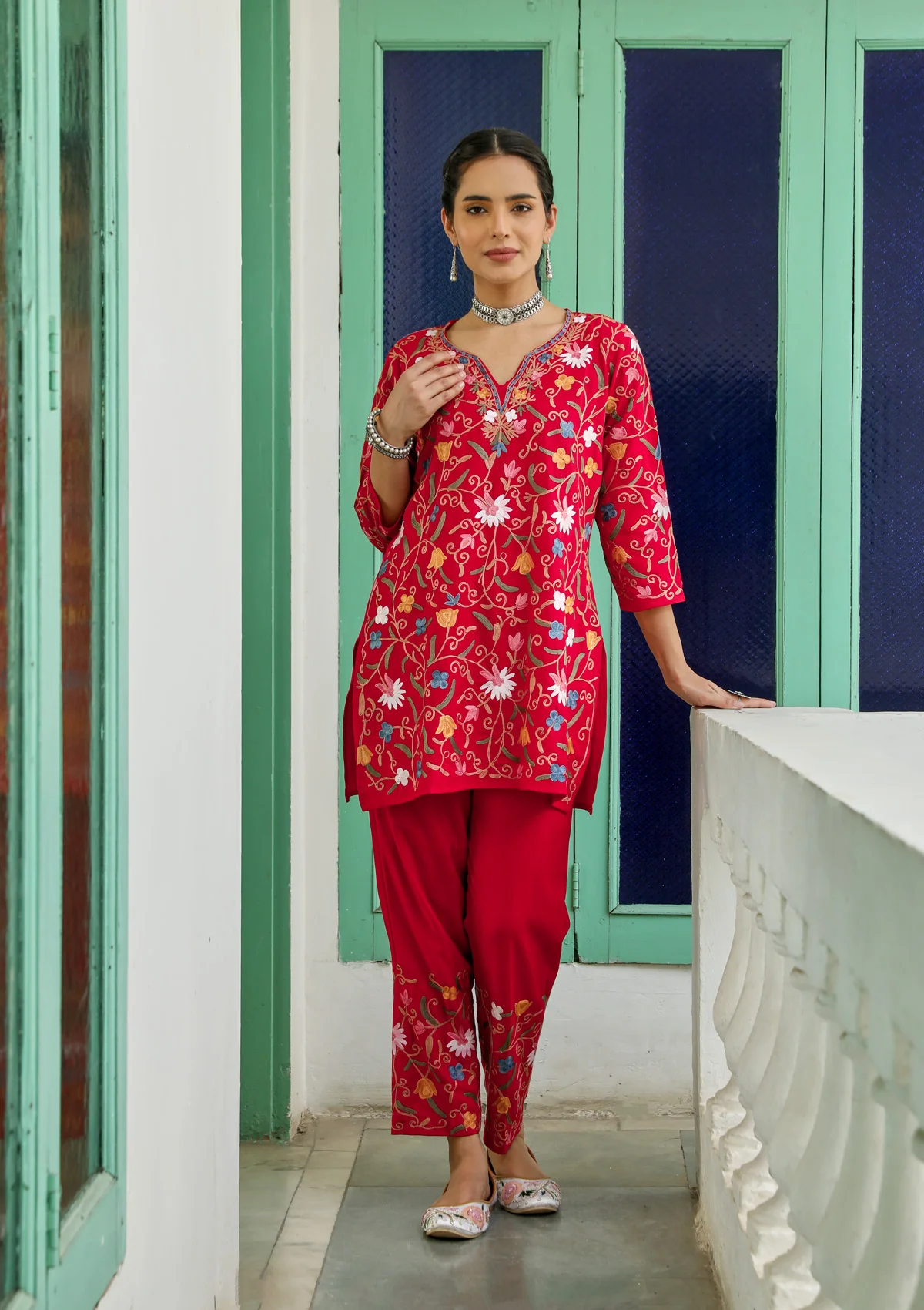 HOC Aari Embroidered Cotton Solid Women's 2 PC Co-ord Set - Red