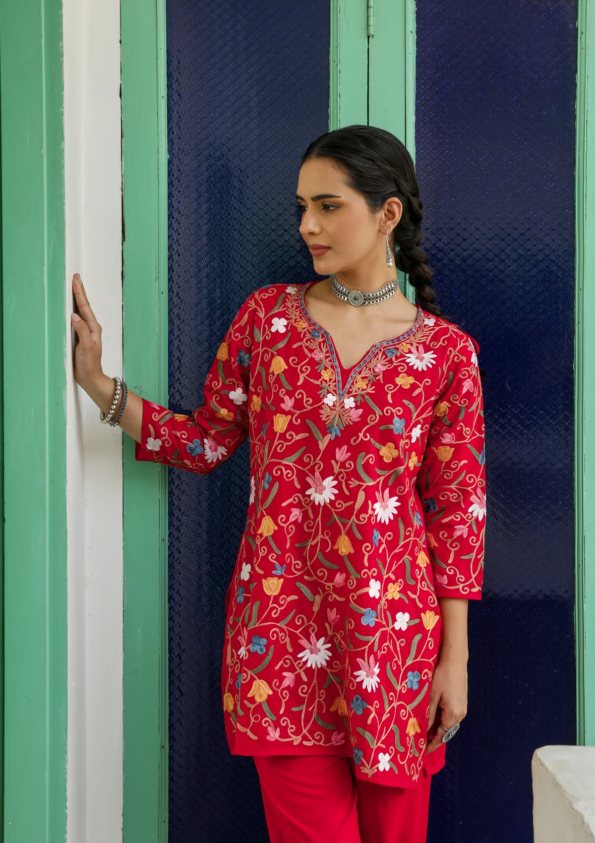 HOC Aari Embroidered Cotton Solid Women's 2 PC Co-ord Set - Red - Image 2