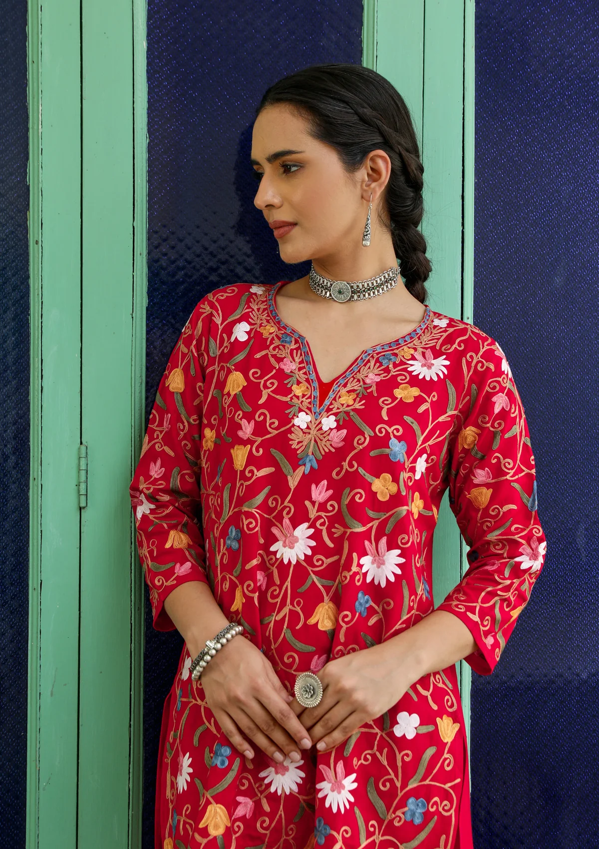 HOC Aari Embroidered Cotton Solid Women's 2 PC Co-ord Set - Red - Image 4
