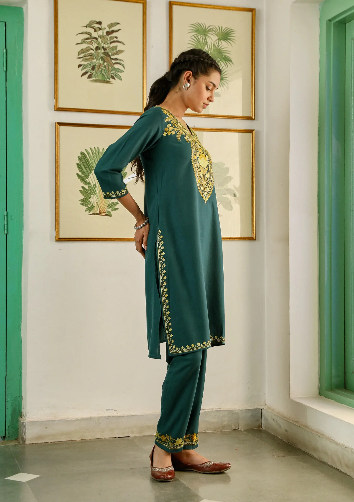 HOC Aari Embroidered Cotton Solid Women's 2PC Long Kurta Set - Teal Green - Image 4