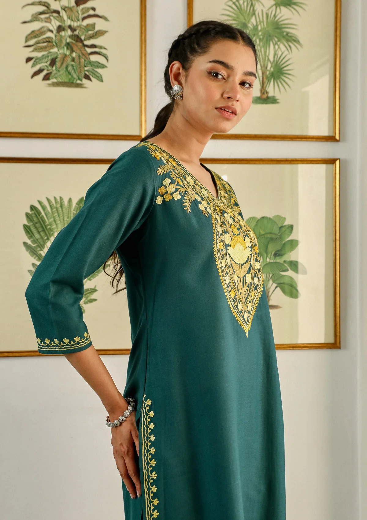 HOC Aari Embroidered Cotton Solid Women's 2PC Long Kurta Set - Teal Green - Image 5