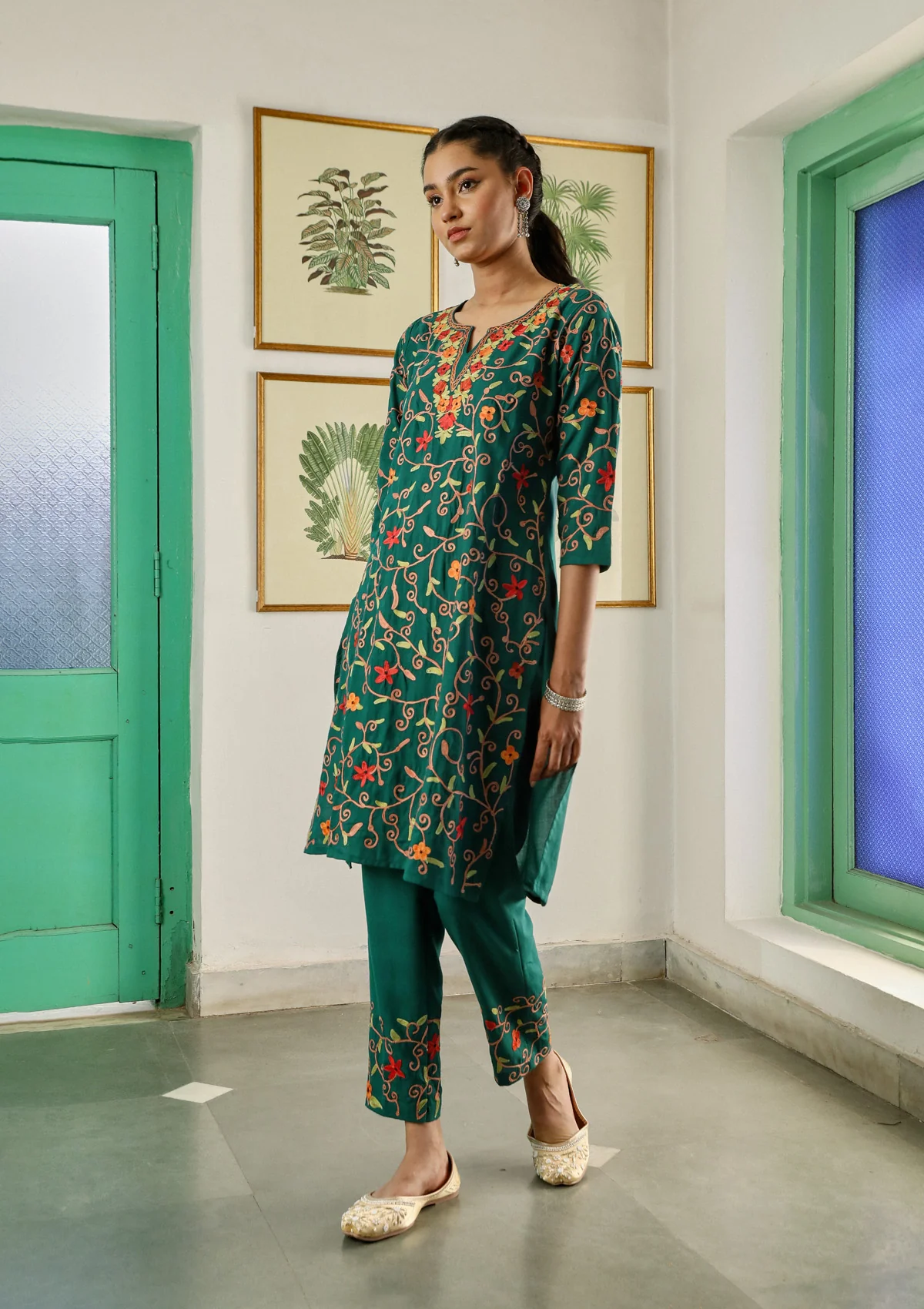 HOC Aari Embroidered Cotton Solid Women's 2PC Long Kurta Set - Teal Green