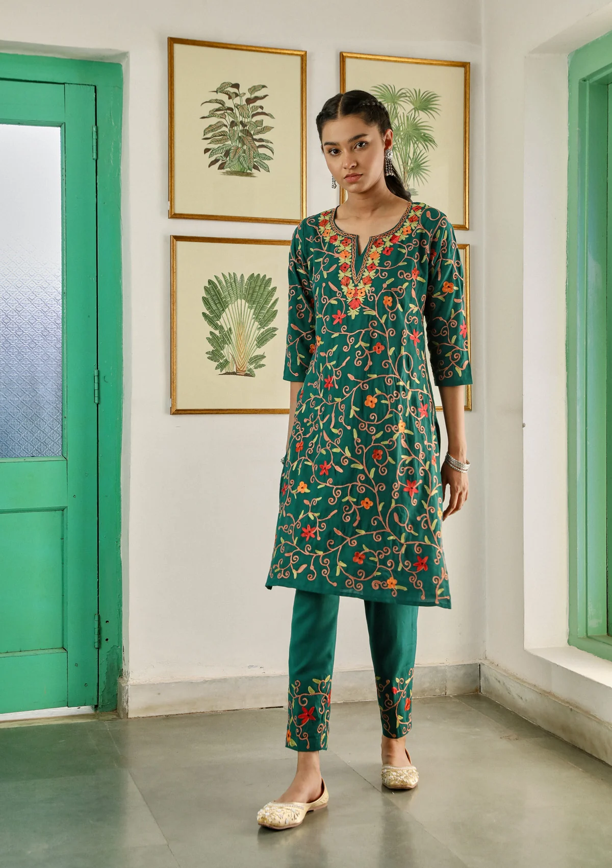 HOC Aari Embroidered Cotton Solid Women's 2PC Long Kurta Set - Teal Green - Image 3