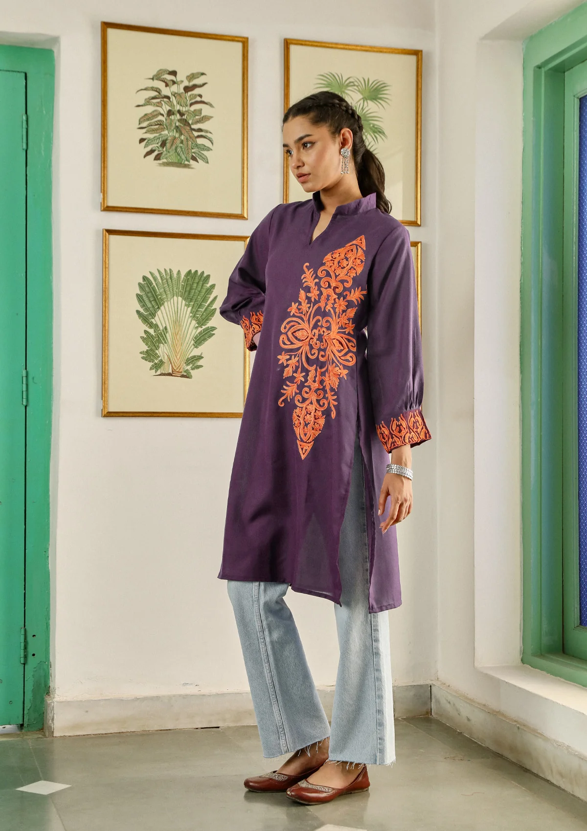HOC Aari Embroidered Cotton Solid Women's Long Kurta - Purple - Image 3
