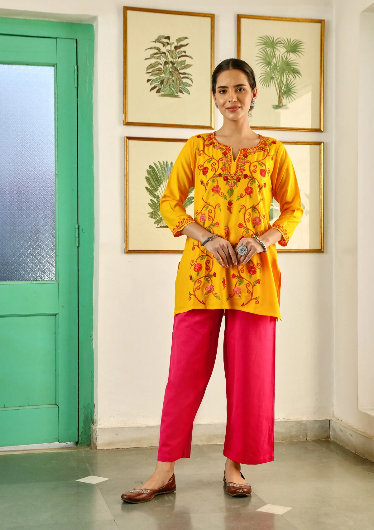 HOC Aari Embroidered Cotton Solid Women's Short Kurta - Yellow - Image 3