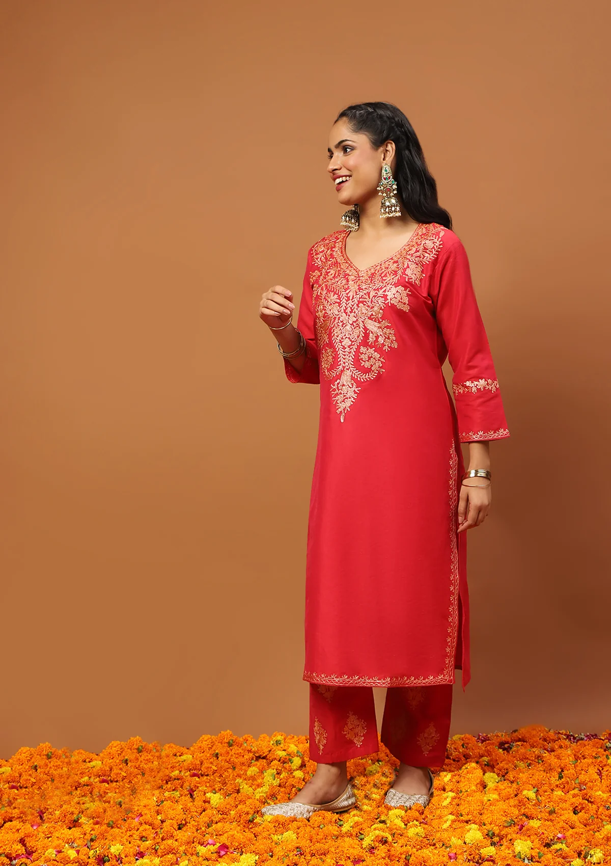 HOC Art Silk Embroidered Zari Work Solid Women's 2 PC Long Kurta Set - Red - Image 4