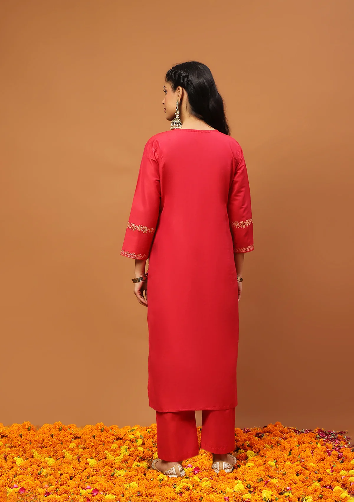 HOC Art Silk Embroidered Zari Work Solid Women's 2 PC Long Kurta Set - Red - Image 6